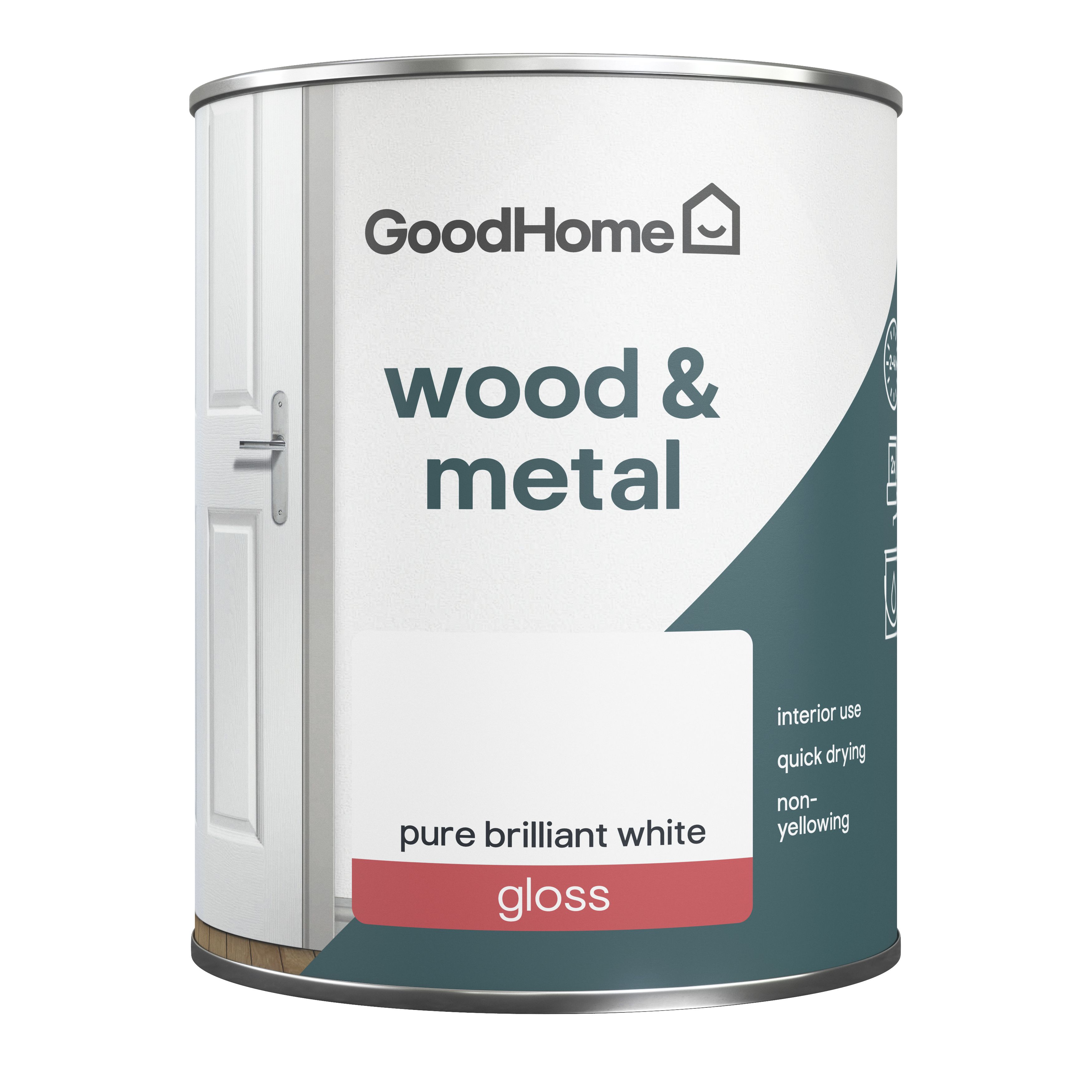 GoodHome Pure Brilliant White Gloss Metal & wood paint, 750ml DIY at B&Q