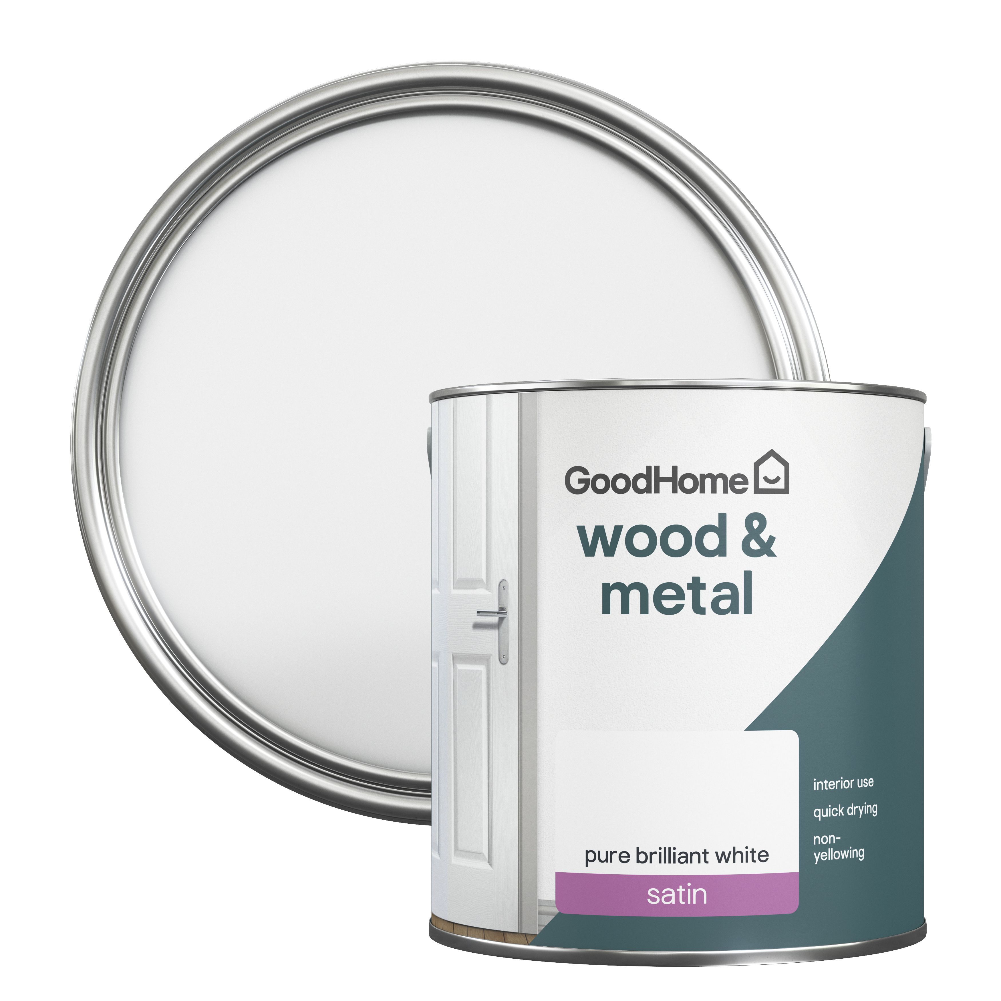 GoodHome Pure Brilliant White Satinwood Interior Metal & wood paint, 2.5L