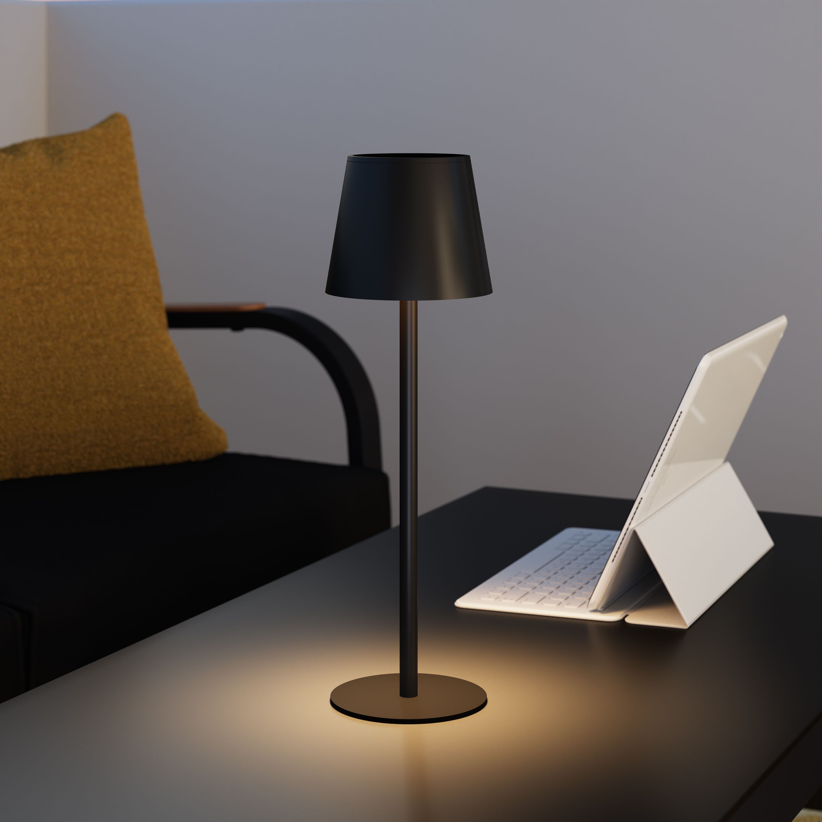 GoodHome Quelea Conical Matt Black Rechargeable Integrated LED Table lamp