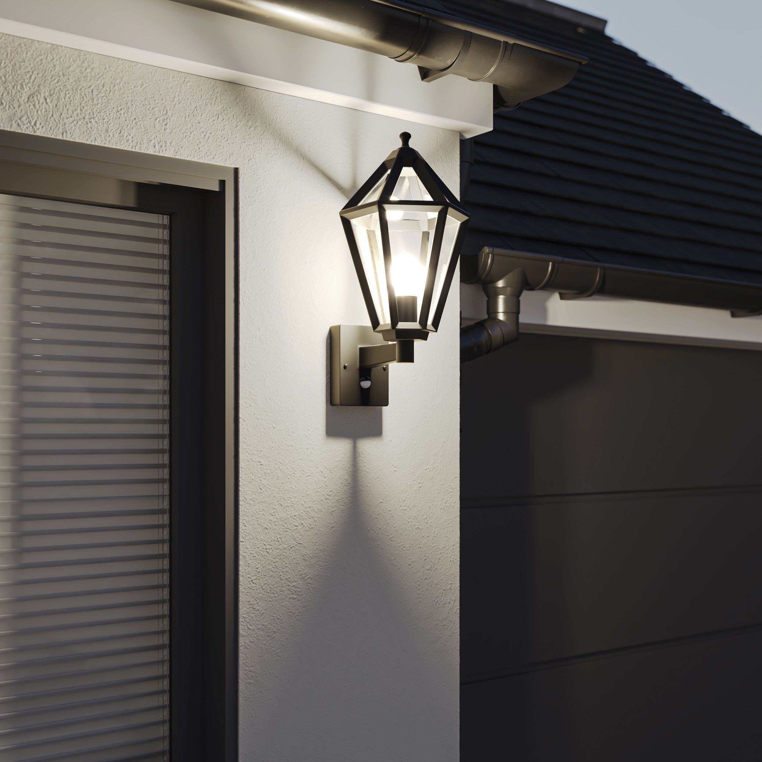 GoodHome Radley Fixed Matt Black PIR Motion sensor Outdoor Lantern Wall light 25W