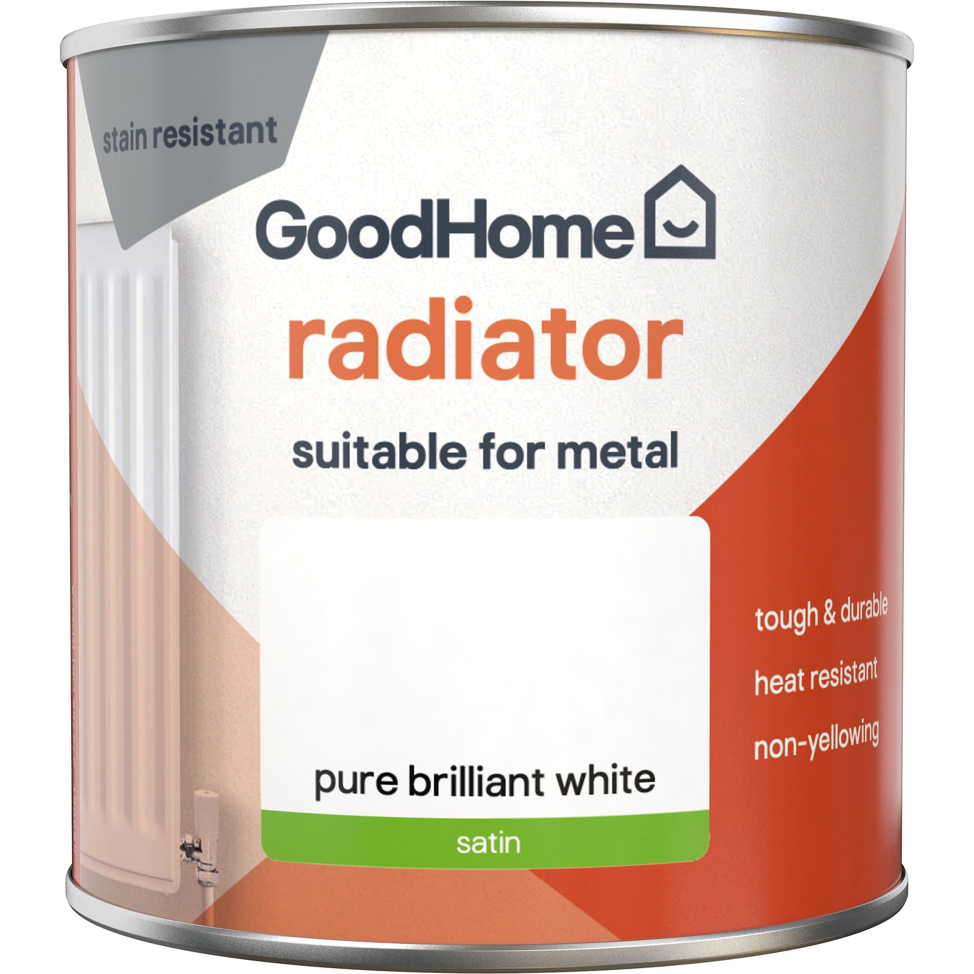 GoodHome Renovation Brilliant white Satinwood Multi-room Radiator & appliance paint, 250ml