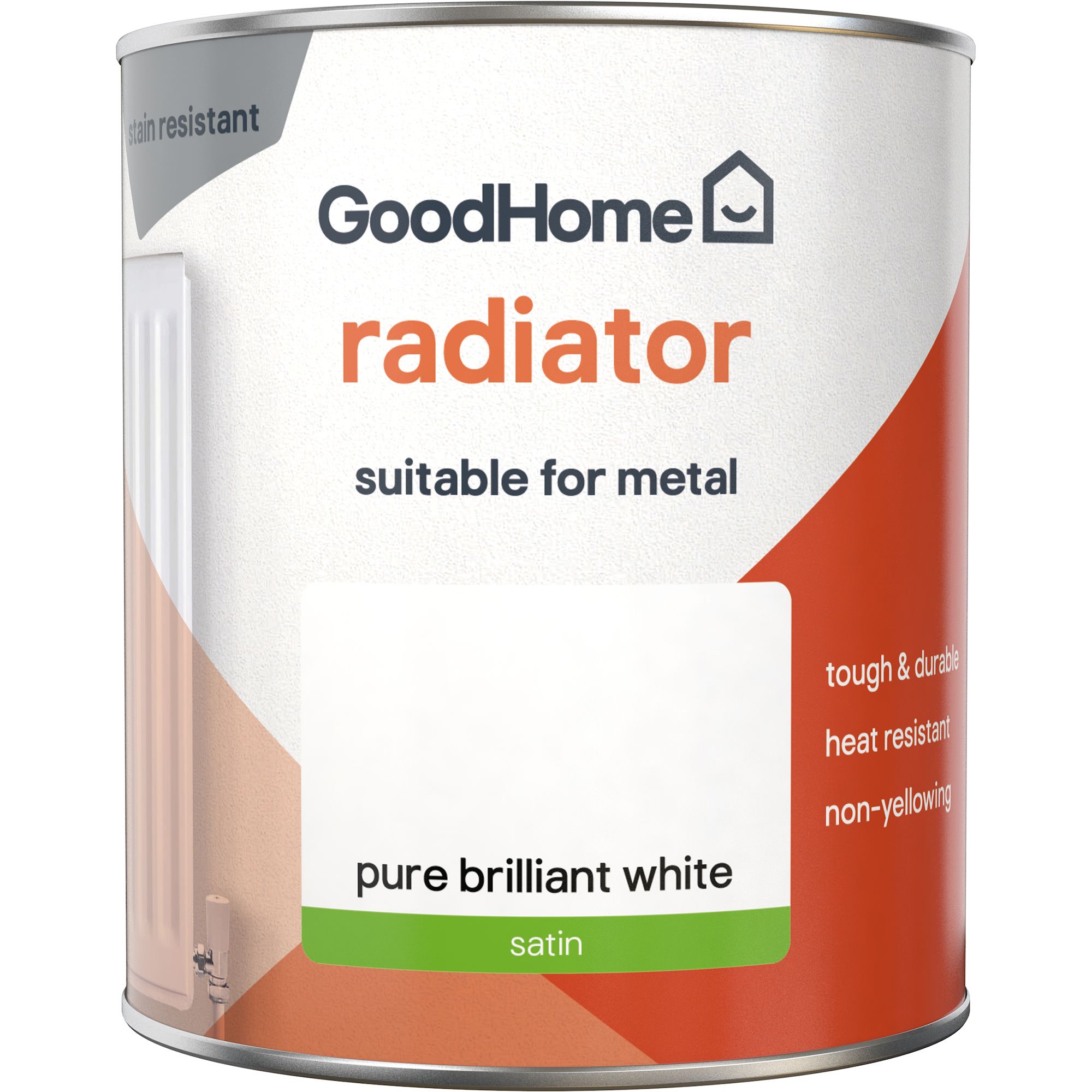 GoodHome Renovation Pure Brilliant White Satinwood Multi-room Radiator & appliance paint, 750ml