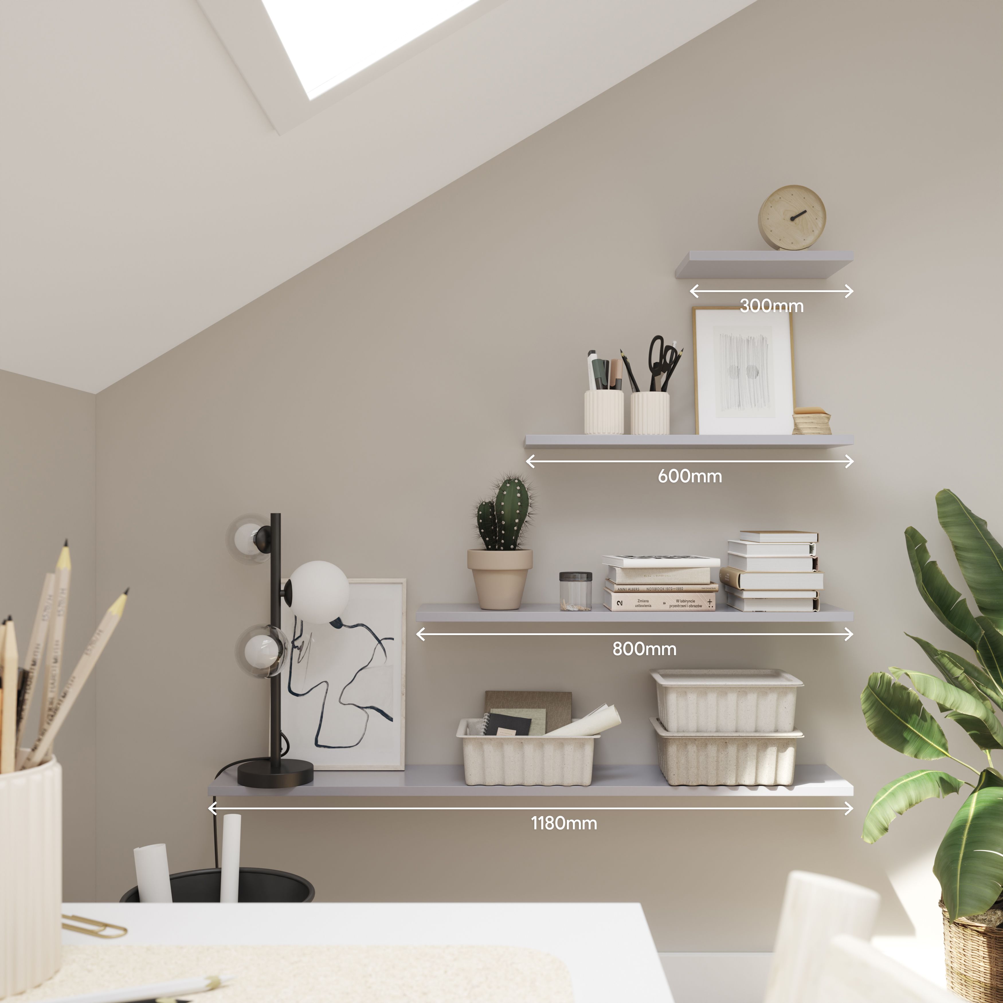 GoodHome Rigga Satin silver effect Rectangular Floating shelf (L)118cm x (D)19cm