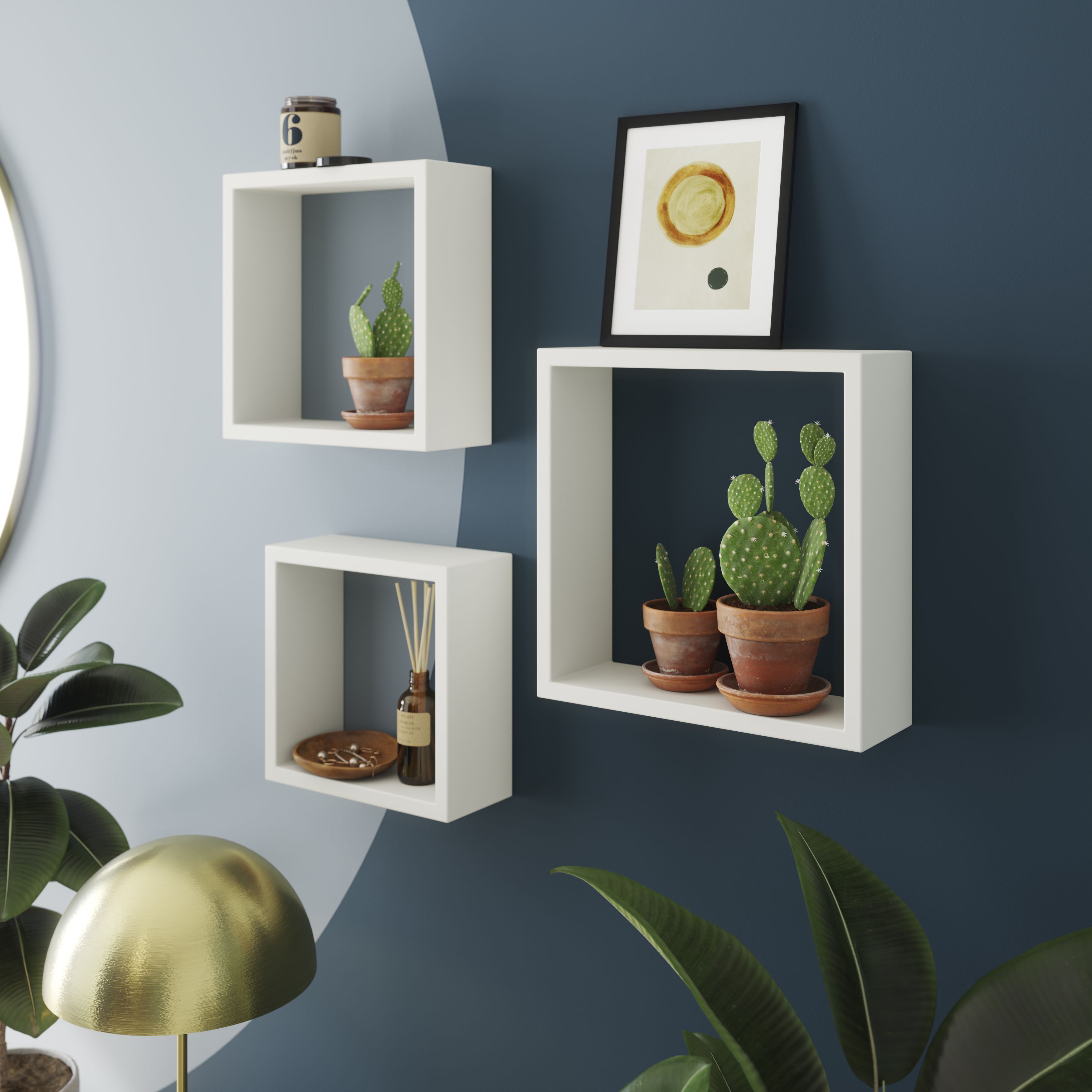 GoodHome Rigga Satin white Cube shelf (L)30cm x (D)9.8cm, Set of 3