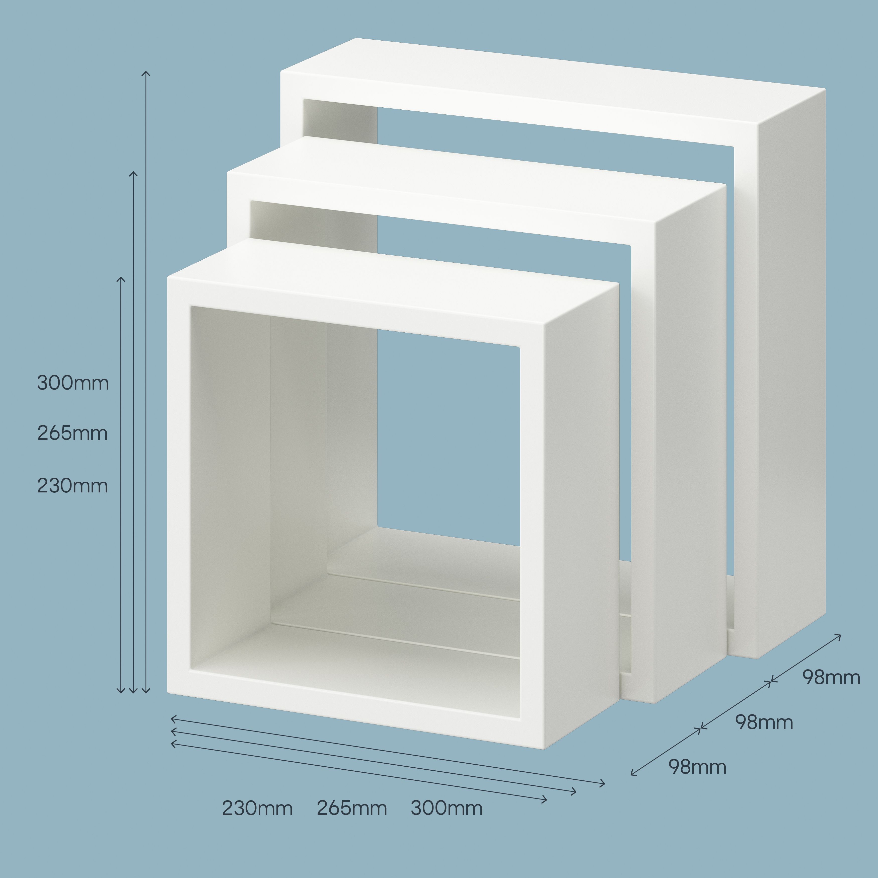 GoodHome Rigga Satin white Cube shelf (L)30cm x (D)9.8cm, Set of 3