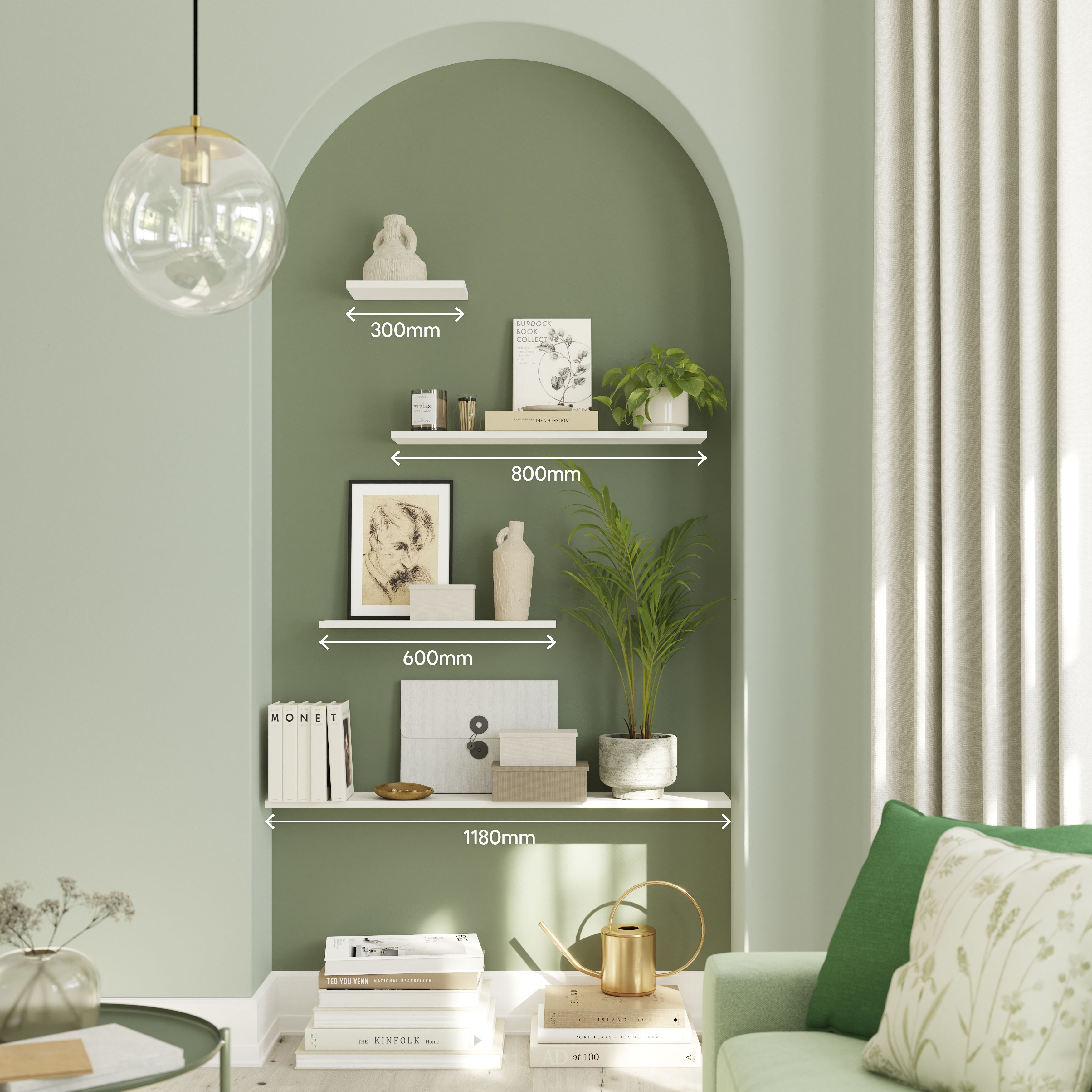 GoodHome Rigga Satin white Rectangular Floating shelf (L)80cm x (D)19cm