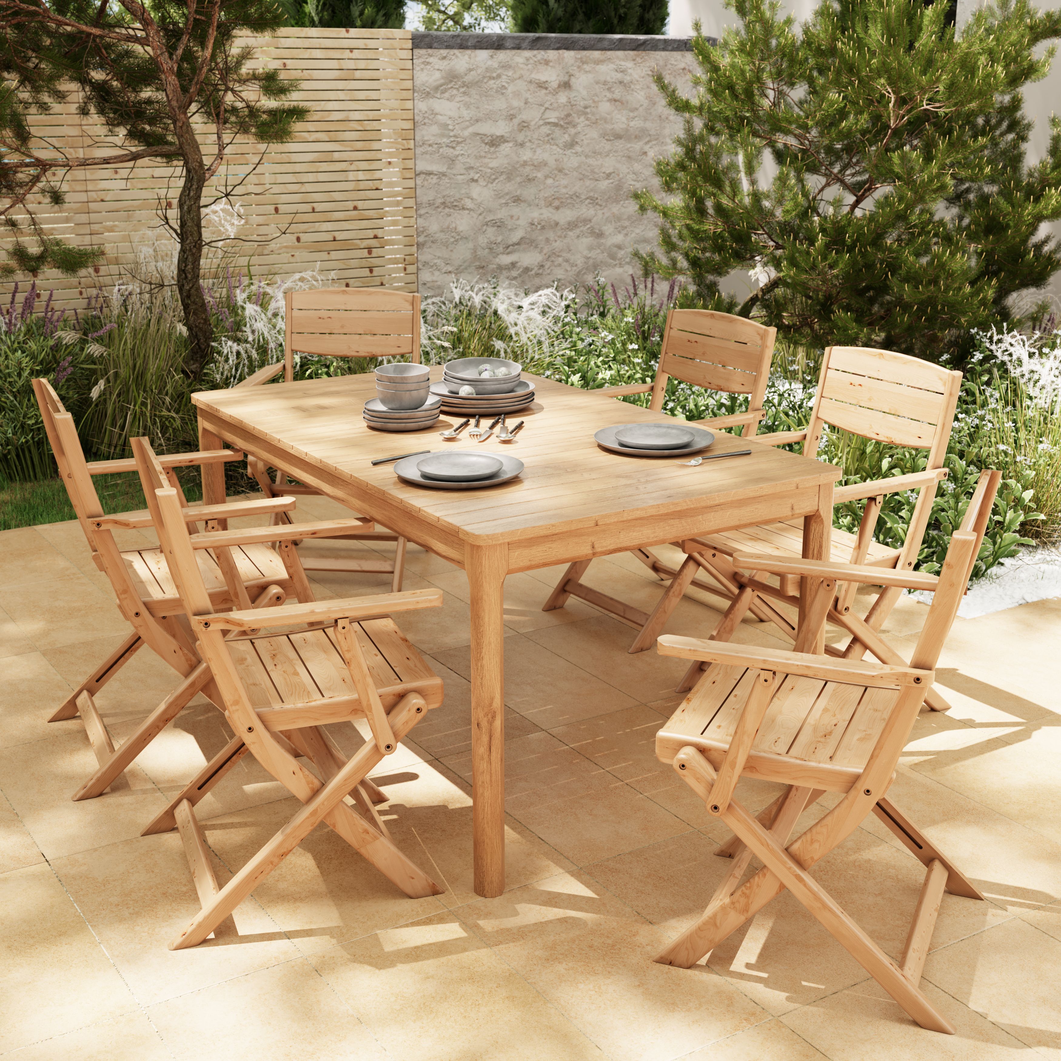 GoodHome Riveo Natural Wooden Foldable Armchair, Pack of 2