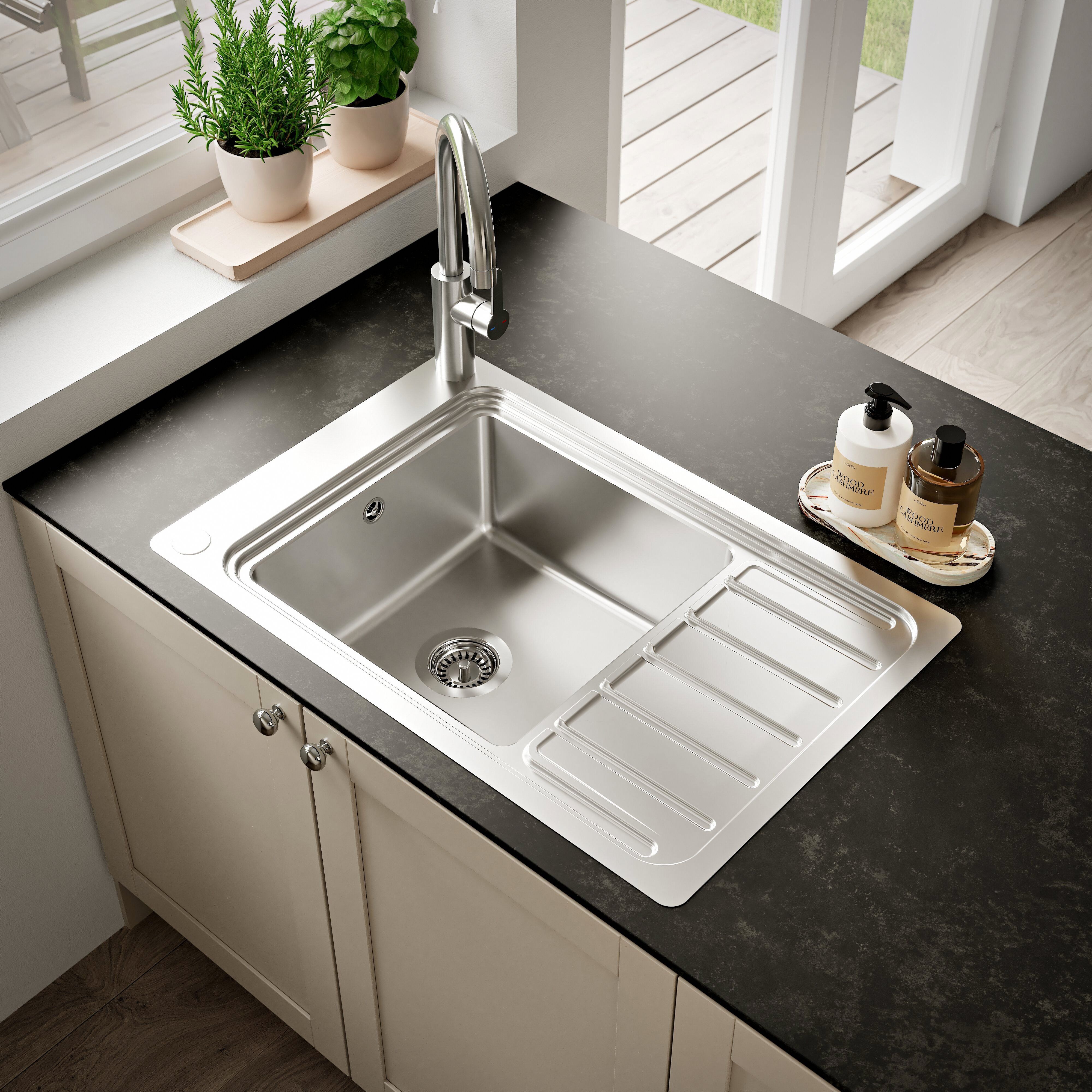 GoodHome Romesco Brushed Stainless steel 1 Bowl Sink & drainer 510mm x 770mm