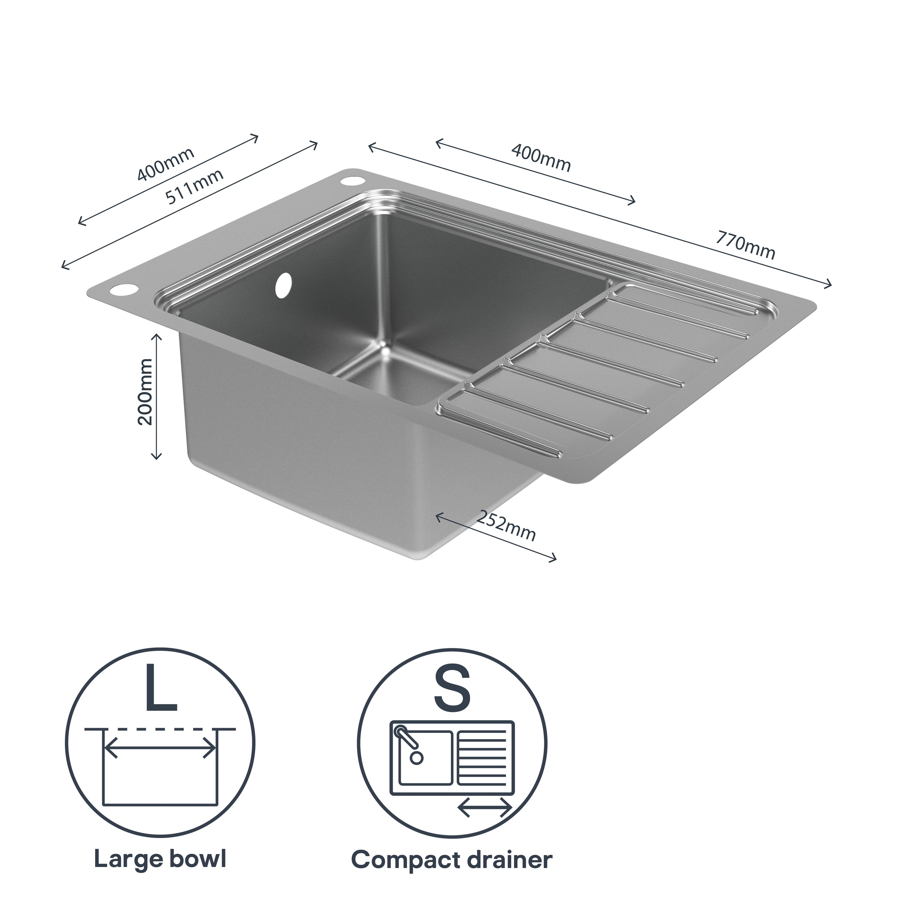 GoodHome Romesco Brushed Stainless steel 1 Bowl Sink & drainer 510mm x 770mm