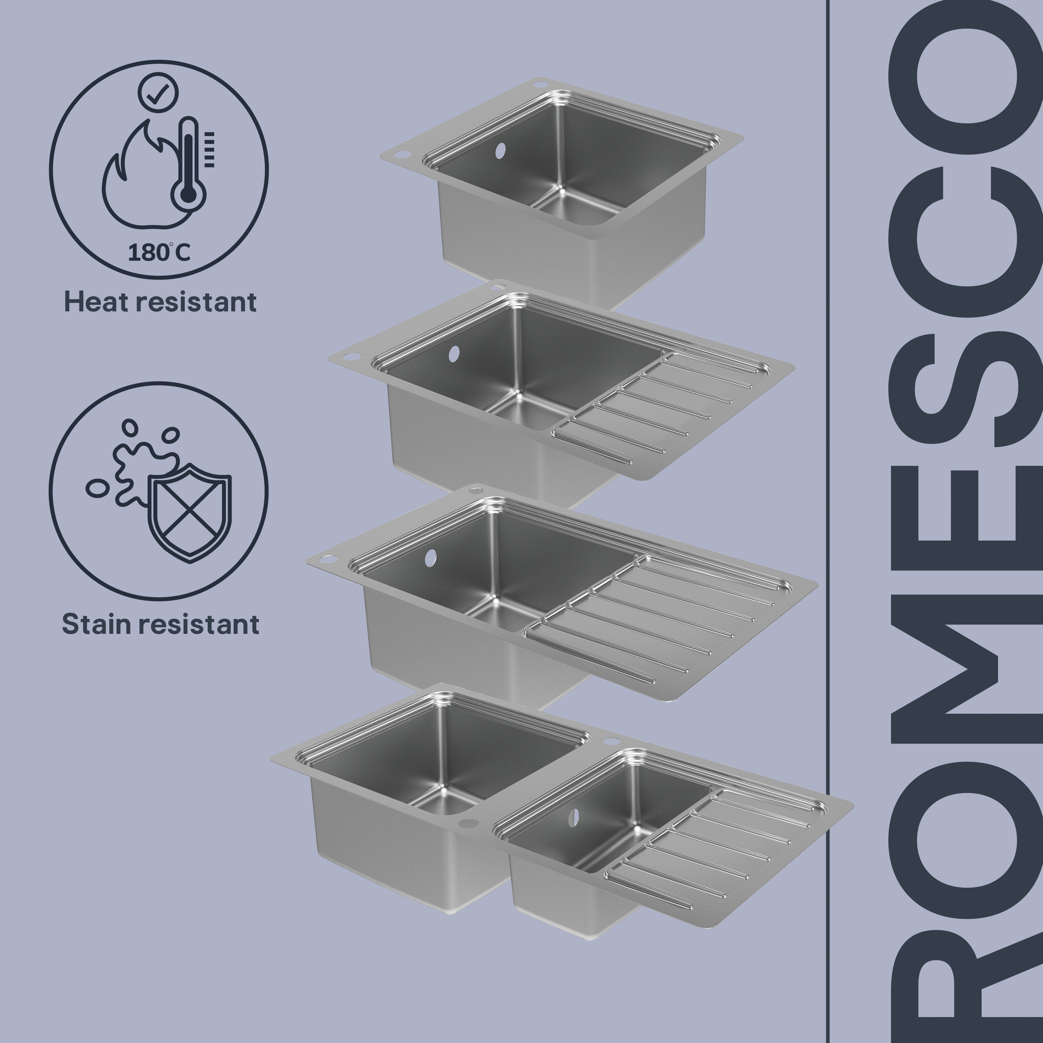 GoodHome Romesco Chrome Metallic effect Stainless steel 1 Bowl Kitchen sink 510mm x 560mm
