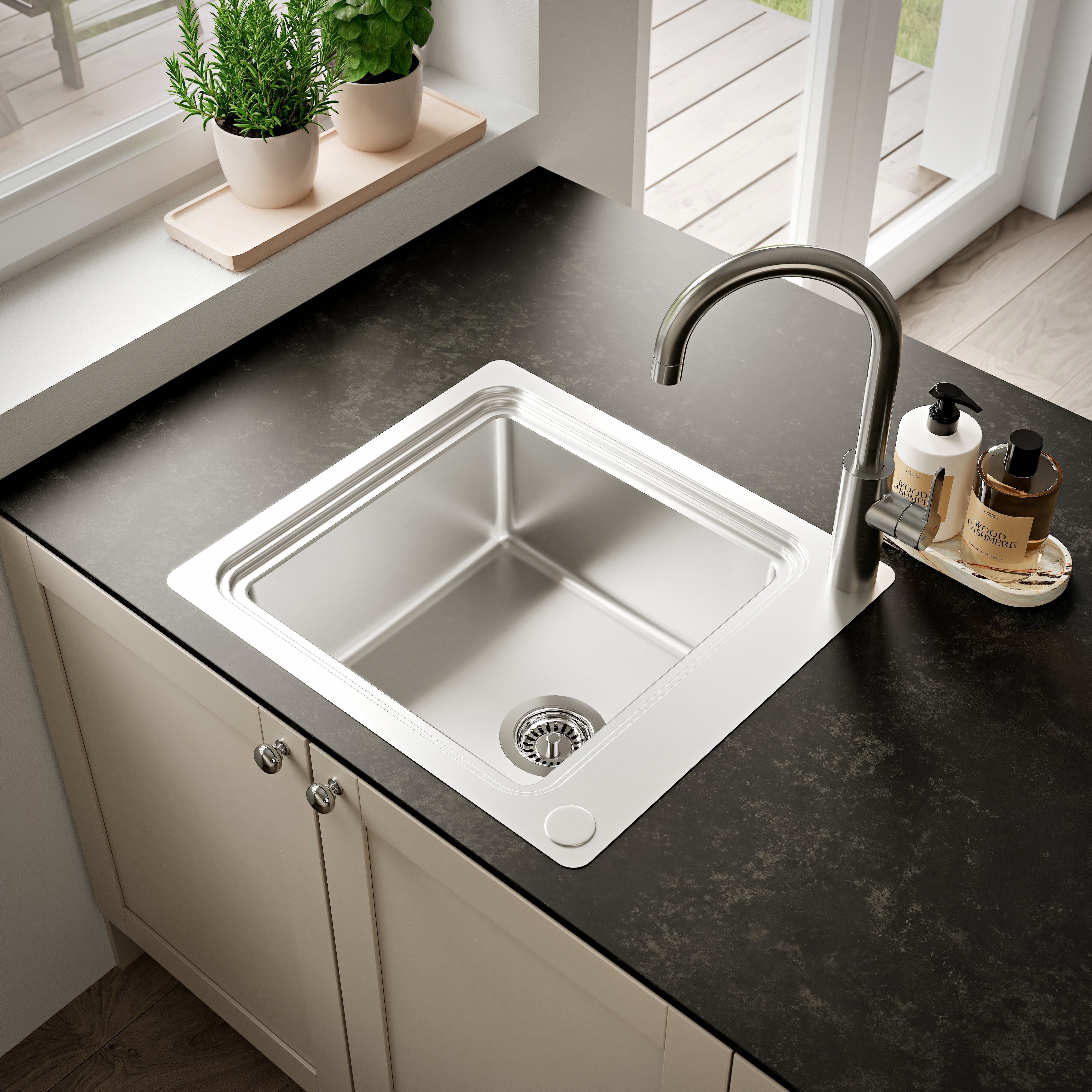 GoodHome Romesco Chrome Metallic effect Stainless steel 1 Bowl Kitchen sink 510mm x 560mm