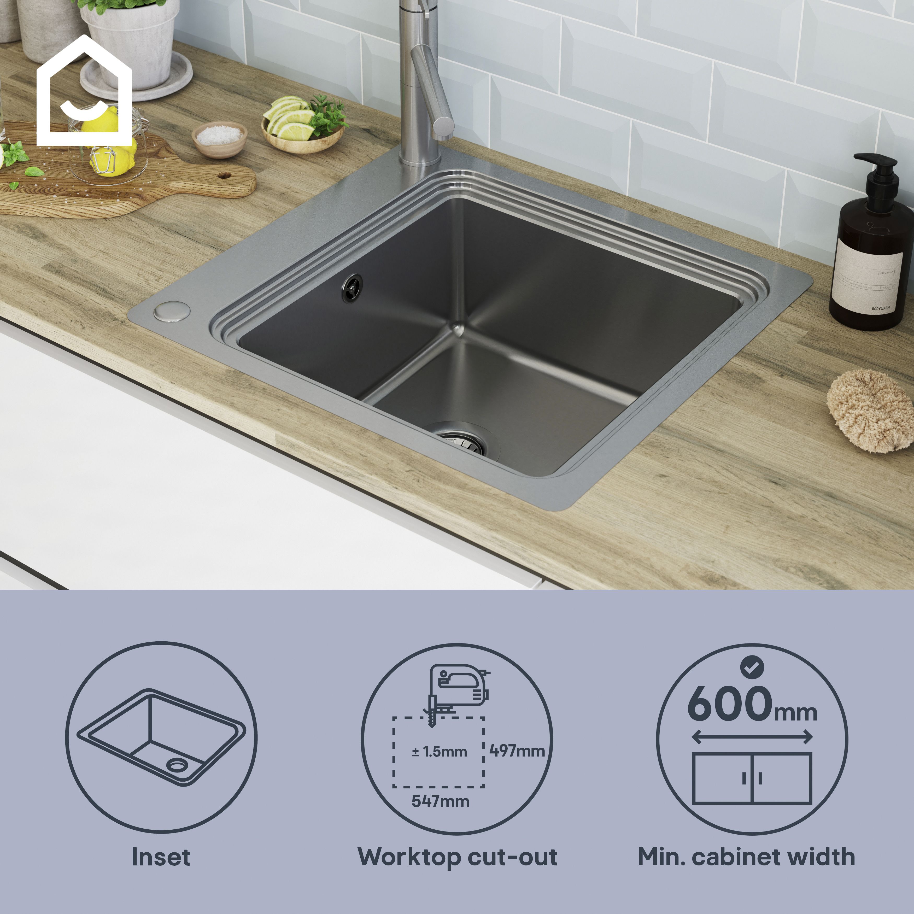 GoodHome Romesco Chrome Metallic effect Stainless steel 1 Bowl Kitchen sink 510mm x 560mm