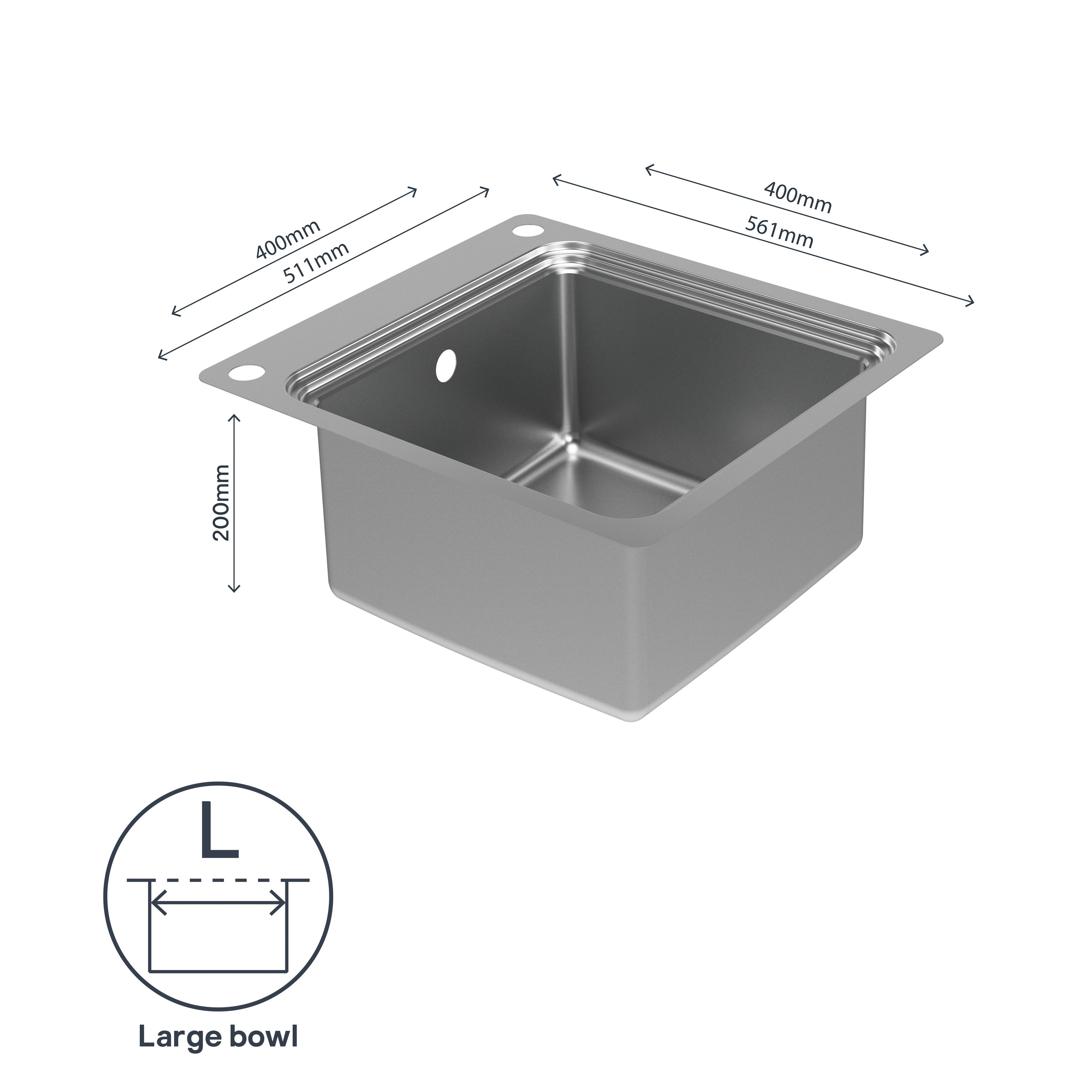 GoodHome Romesco Chrome Metallic effect Stainless steel 1 Bowl Kitchen sink 510mm x 560mm