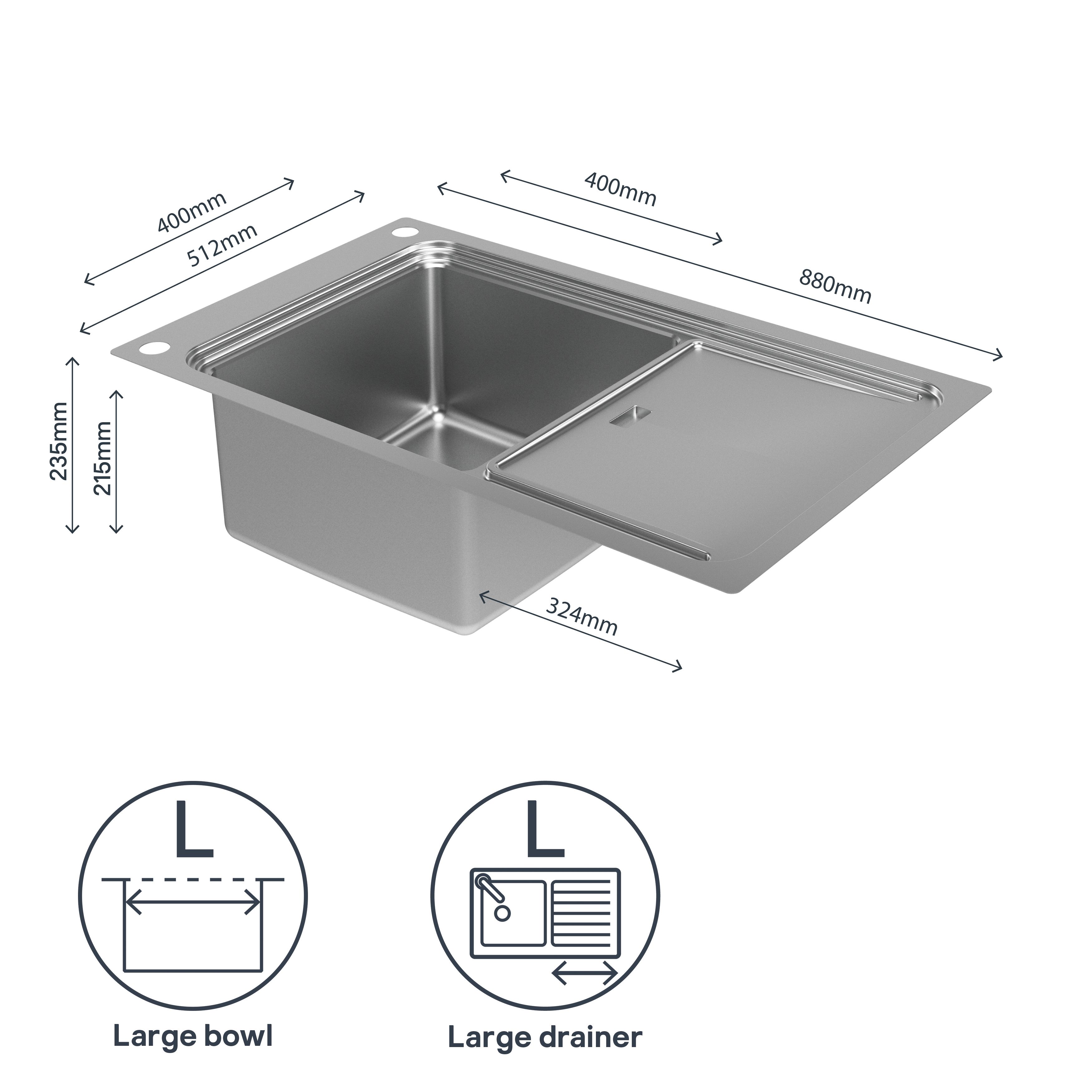 GoodHome Romesco Linea Black Stainless steel 1 Bowl Kitchen sink 510mm x 880mm