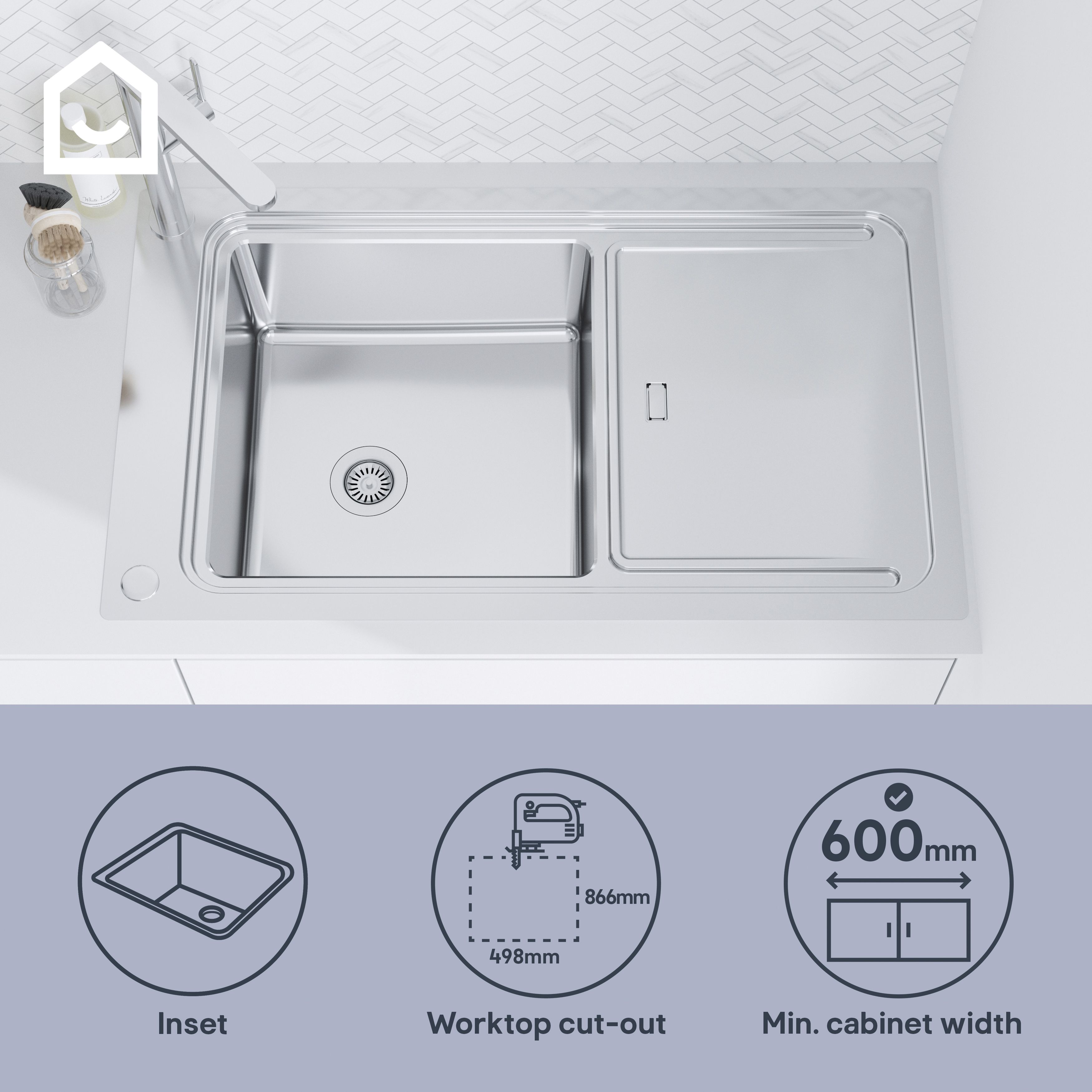 GoodHome Romesco Linea Brushed Stainless steel 1 Bowl Kitchen sink 510mm x 880mm