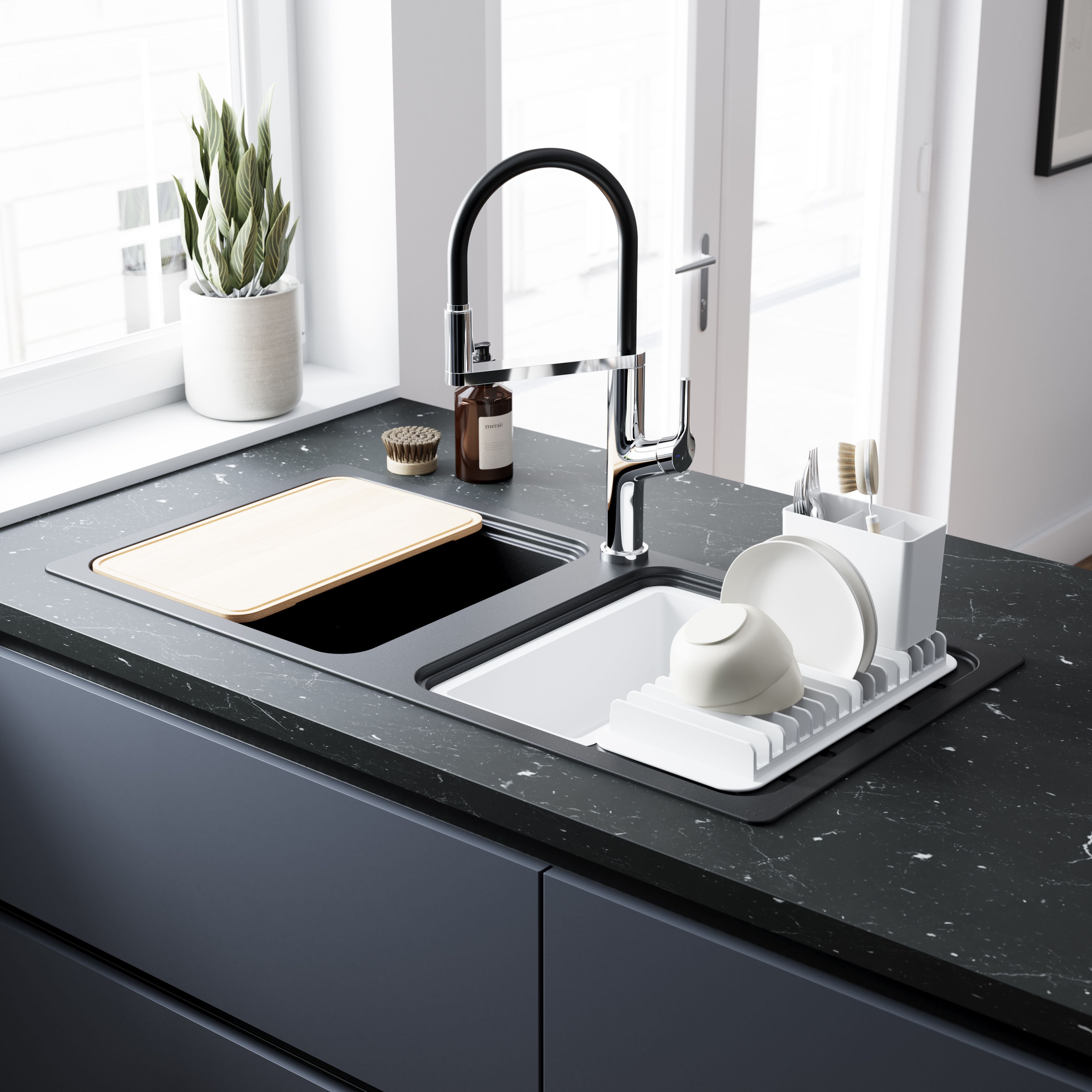 GoodHome Romesco Matt black Composite quartz 1.5 Bowl Sink & drainer 515mm x 1050mm