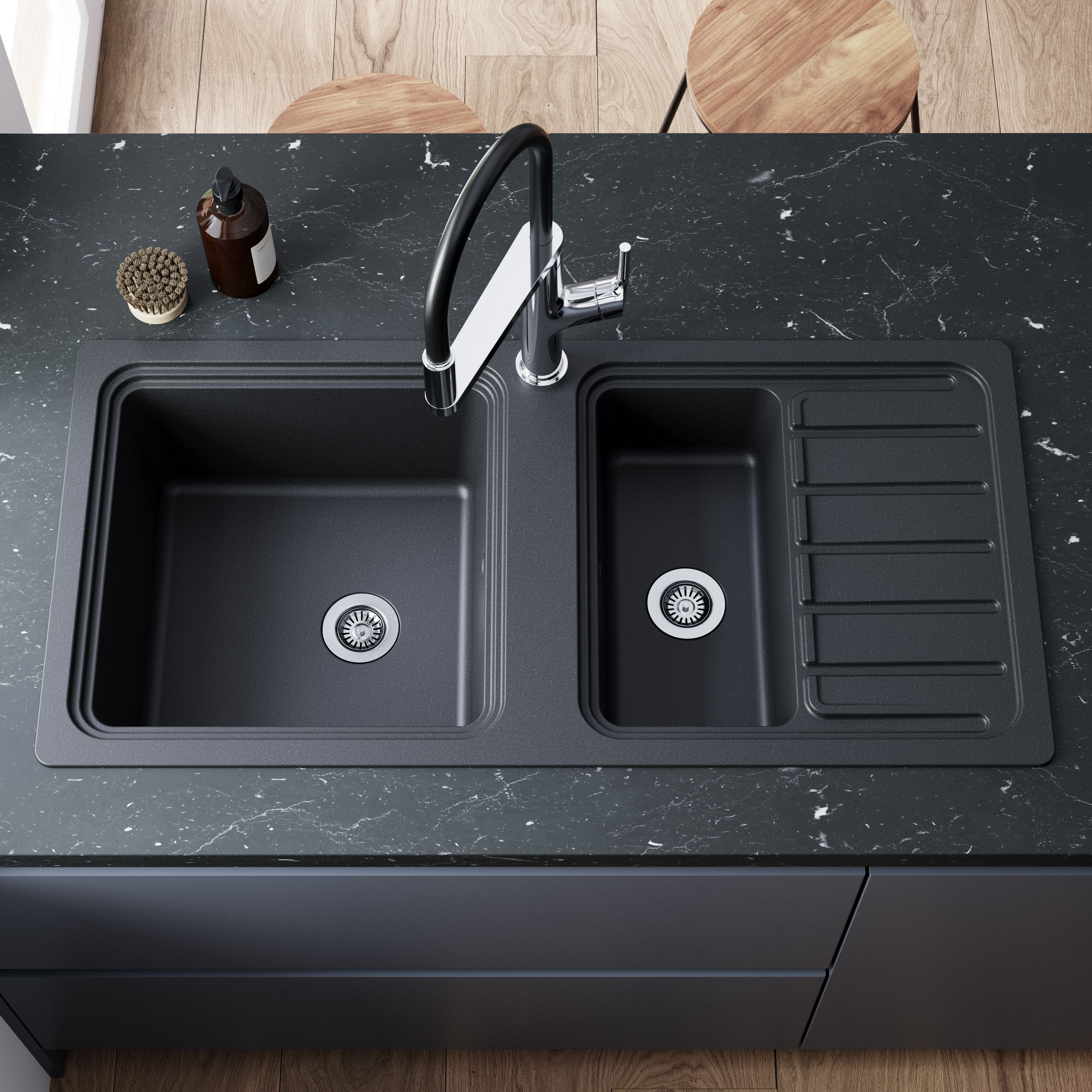 GoodHome Romesco Matt black Composite quartz 1.5 Bowl Sink & drainer 515mm x 1050mm