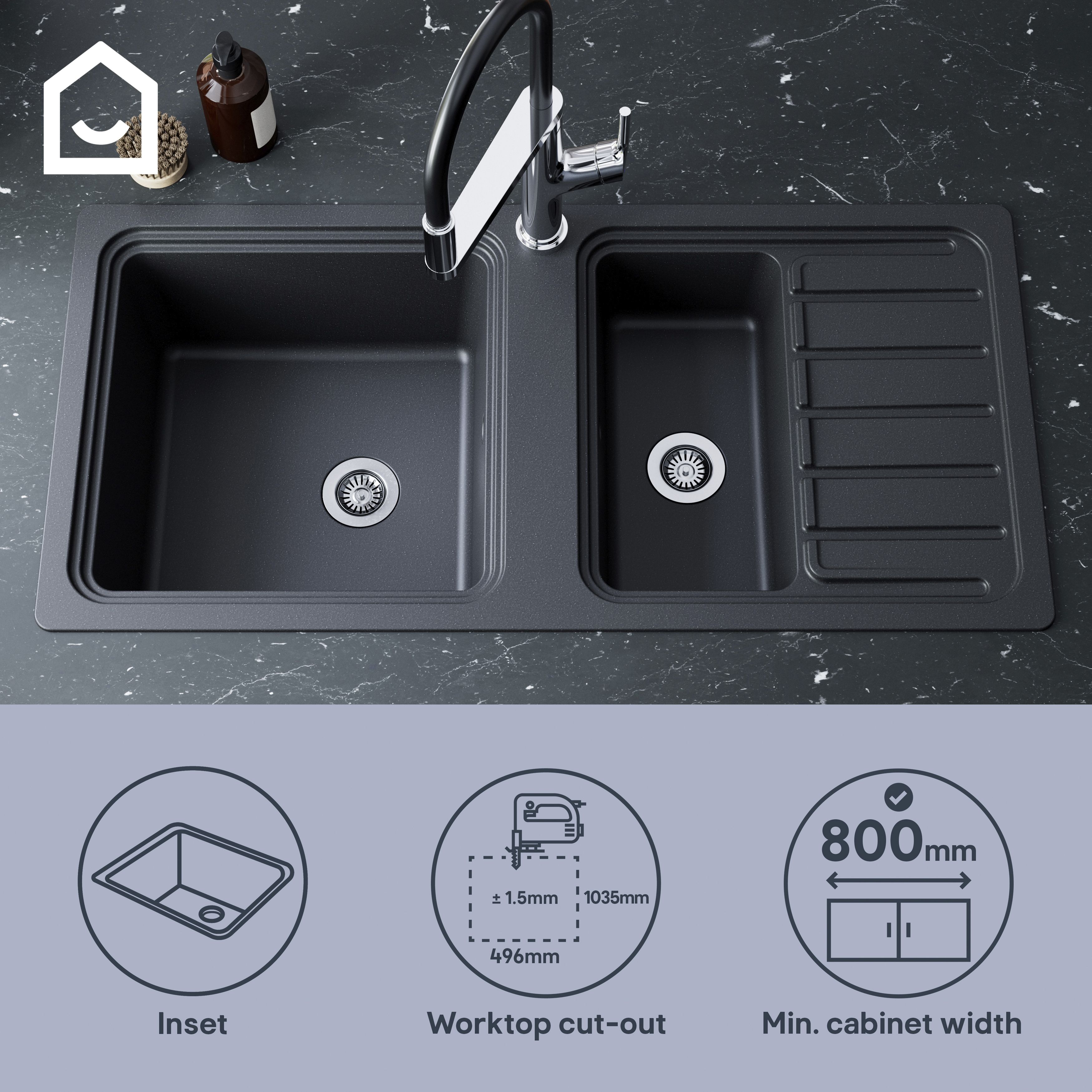 GoodHome Romesco Matt black Composite quartz 1.5 Bowl Sink & drainer 515mm x 1050mm
