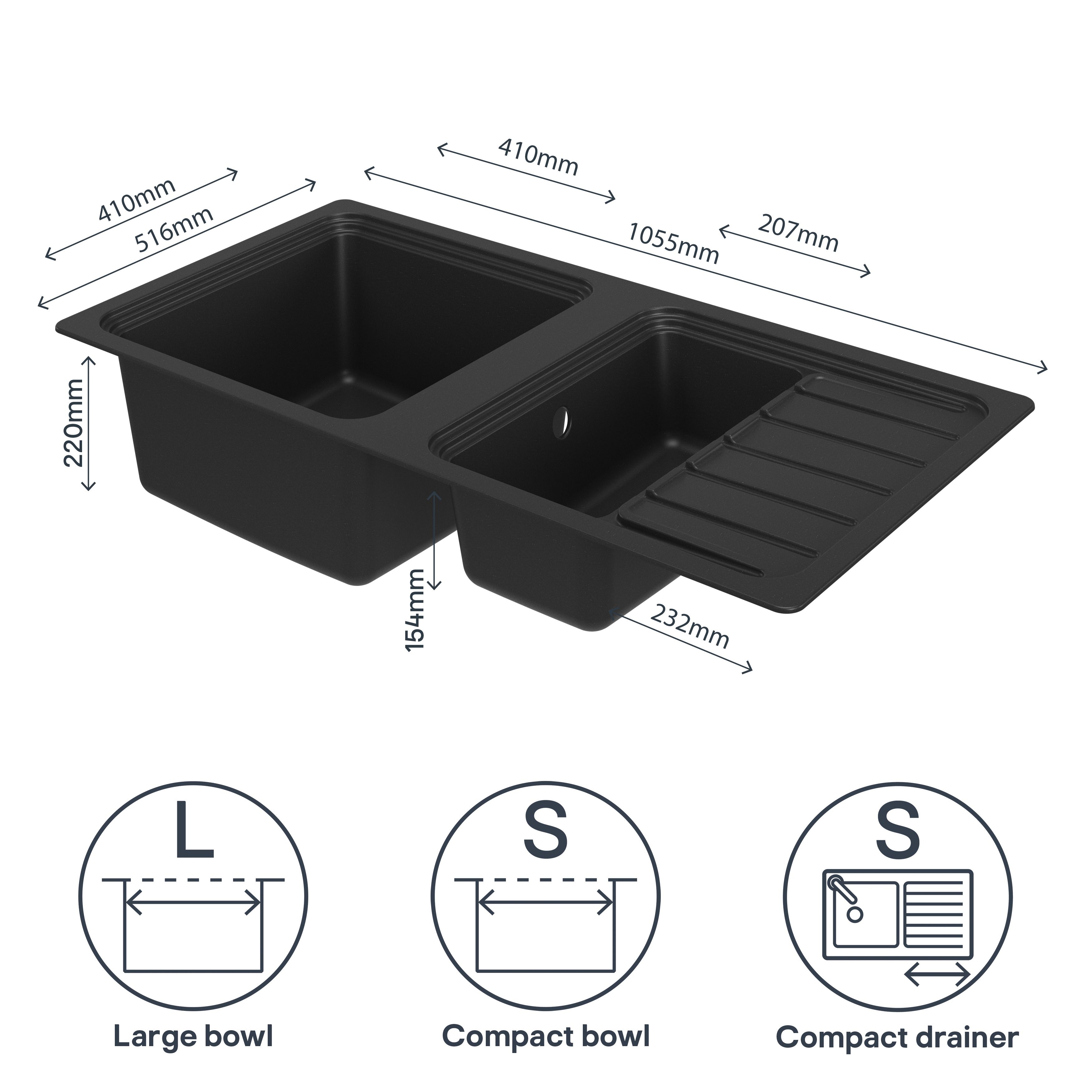 GoodHome Romesco Matt black Composite quartz 1.5 Bowl Sink & drainer 515mm x 1050mm