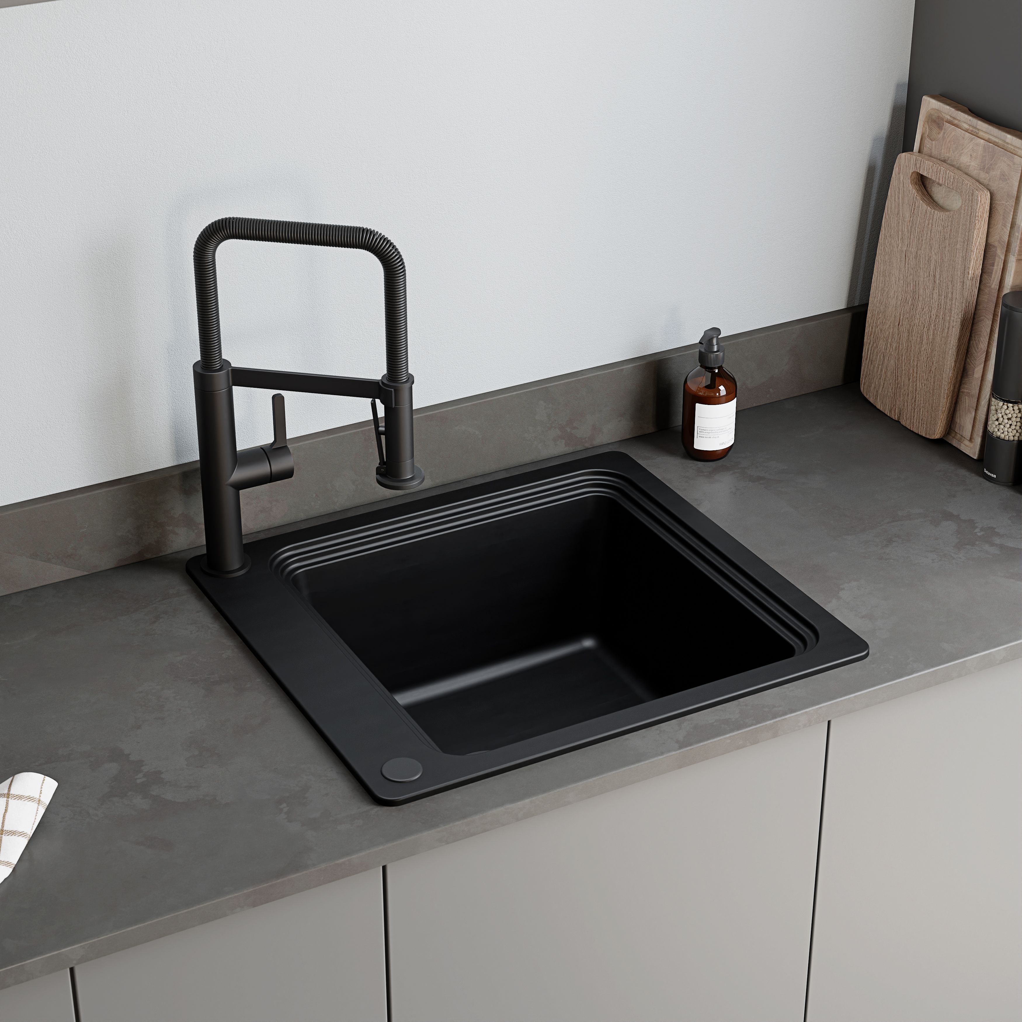 GoodHome Romesco Matt black Composite quartz 1 Bowl Kitchen sink 564mm x 564mm