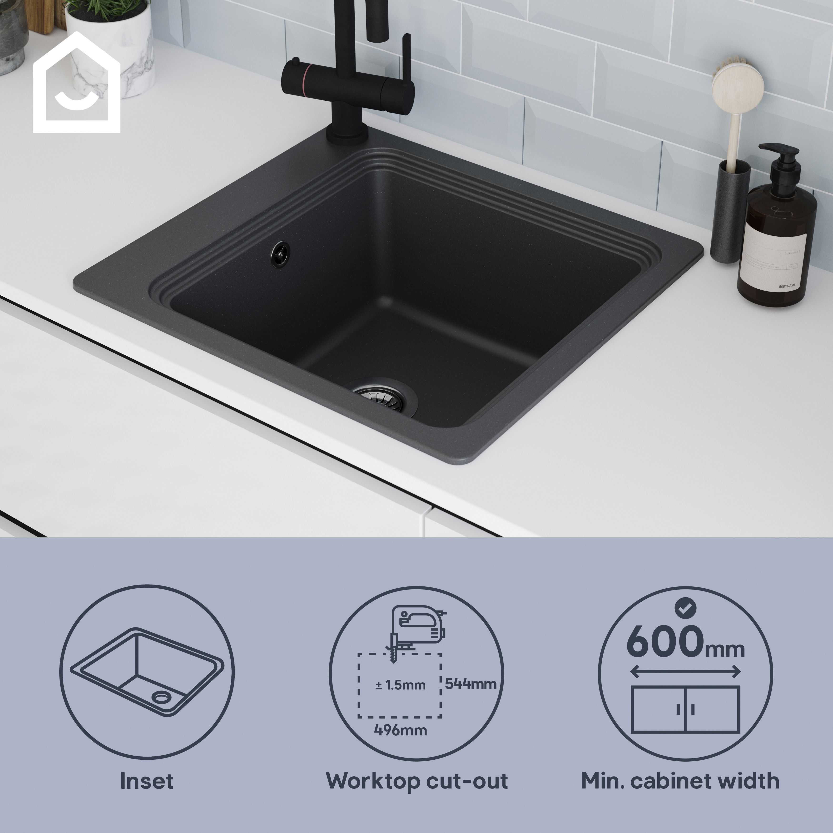 GoodHome Romesco Matt black Composite quartz 1 Bowl Kitchen sink 564mm x 564mm
