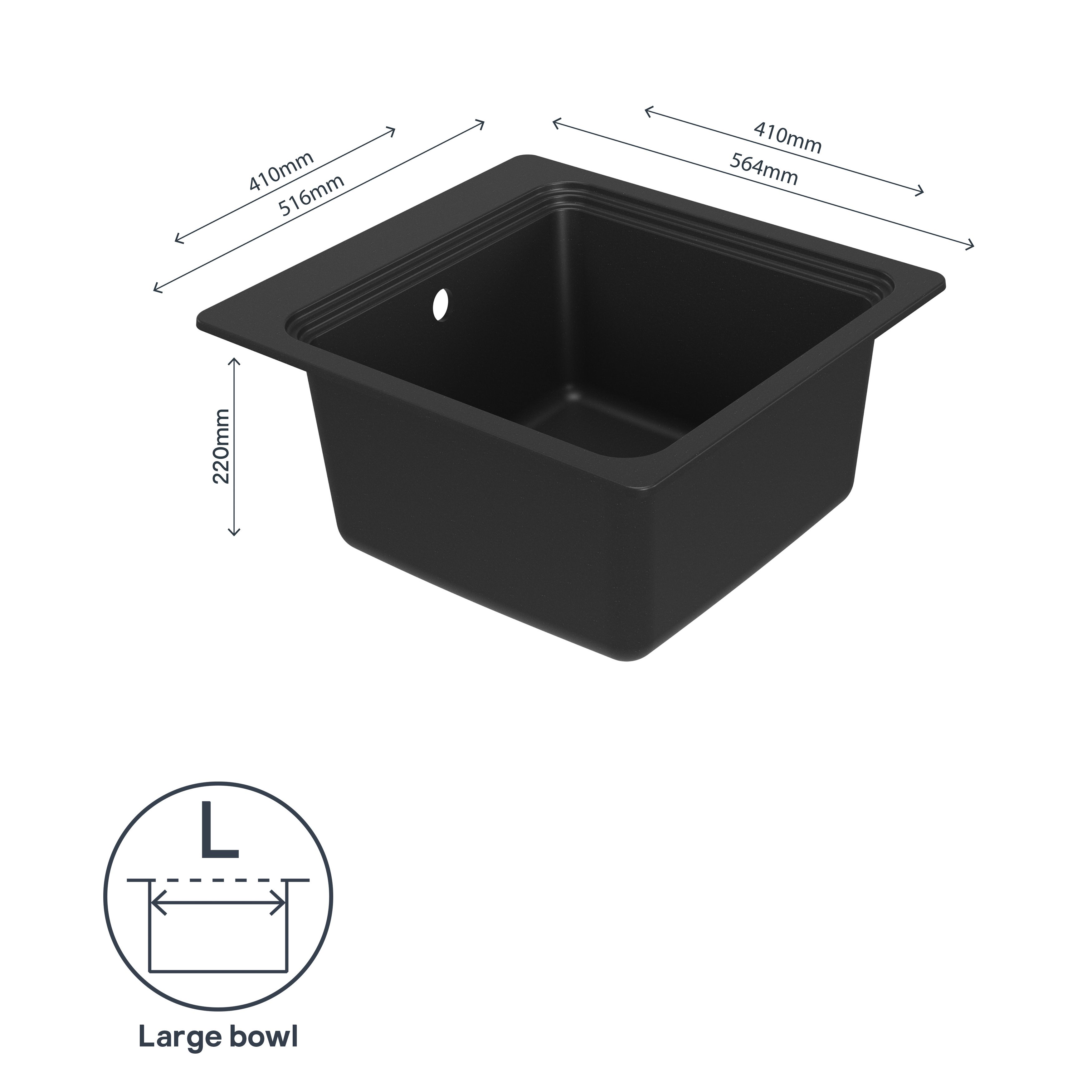 GoodHome Romesco Matt black Composite quartz 1 Bowl Kitchen sink 564mm x 564mm
