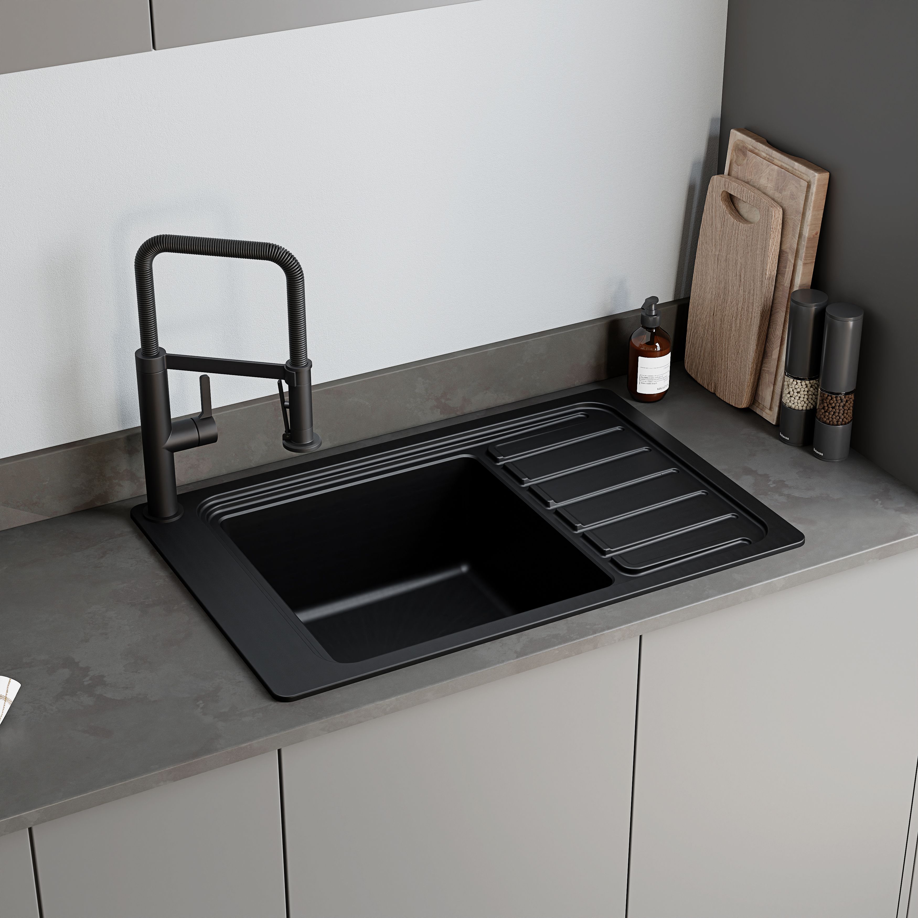 GoodHome Romesco Matt black Composite quartz 1 Bowl Sink & drainer 773mm x 773mm