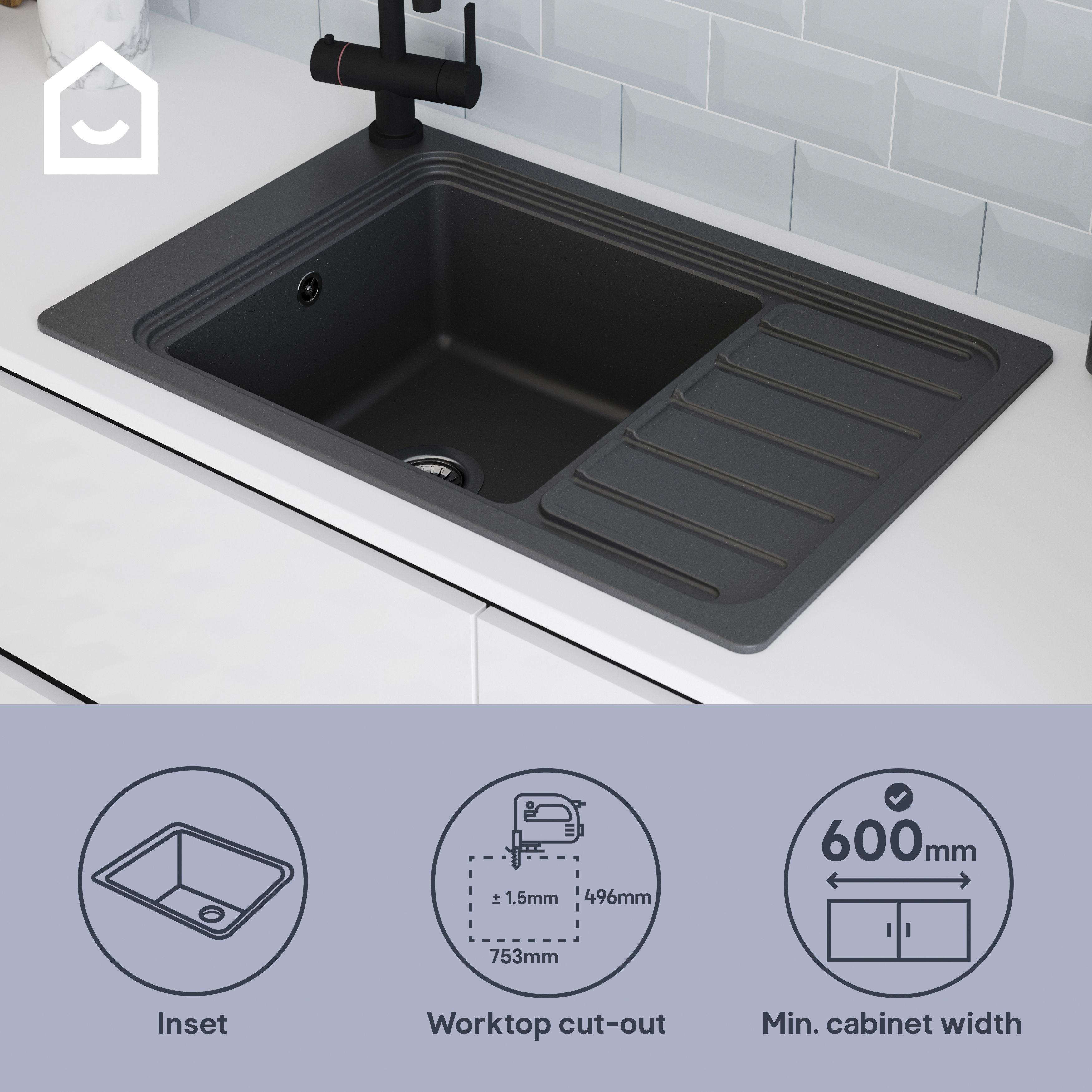 GoodHome Romesco Matt black Composite quartz 1 Bowl Sink & drainer 773mm x 773mm