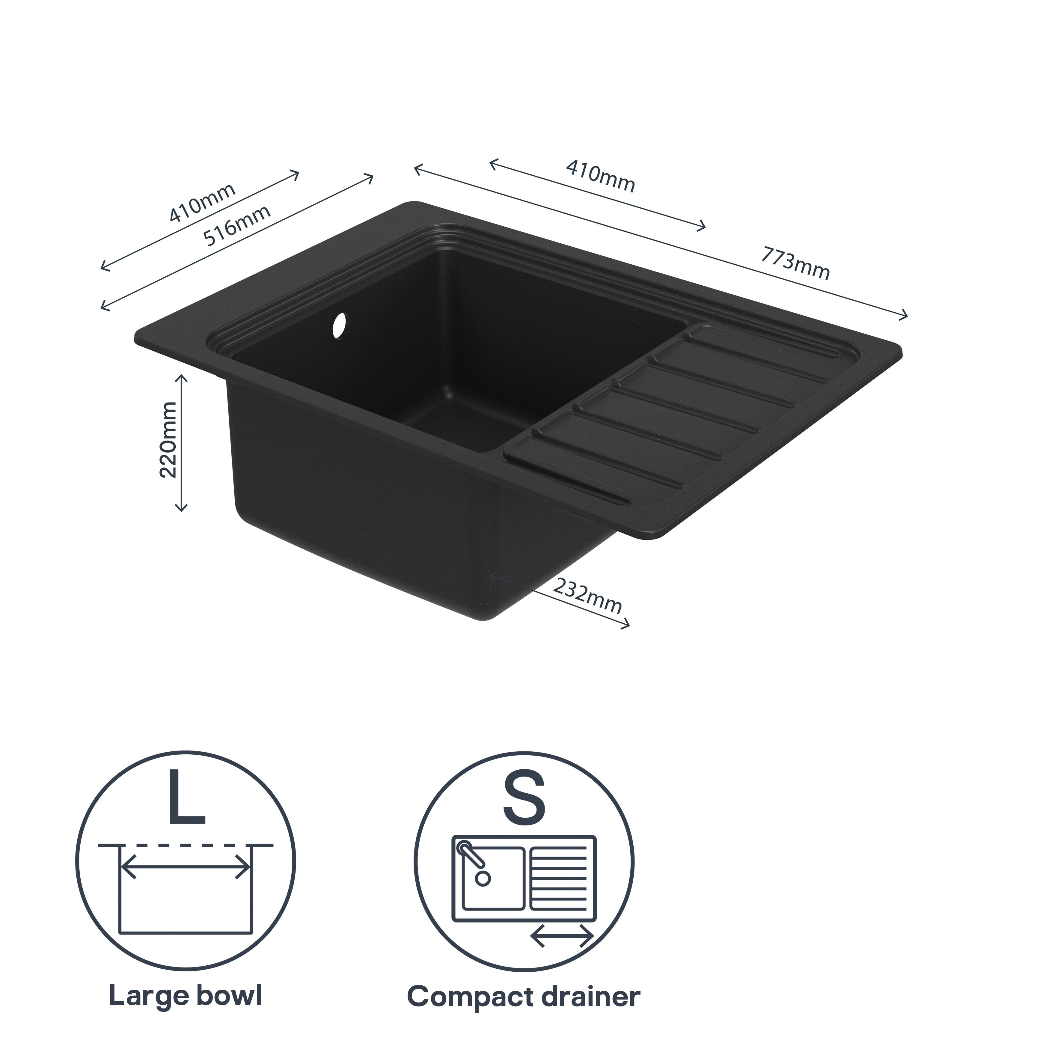 GoodHome Romesco Matt black Composite quartz 1 Bowl Sink & drainer 773mm x 773mm