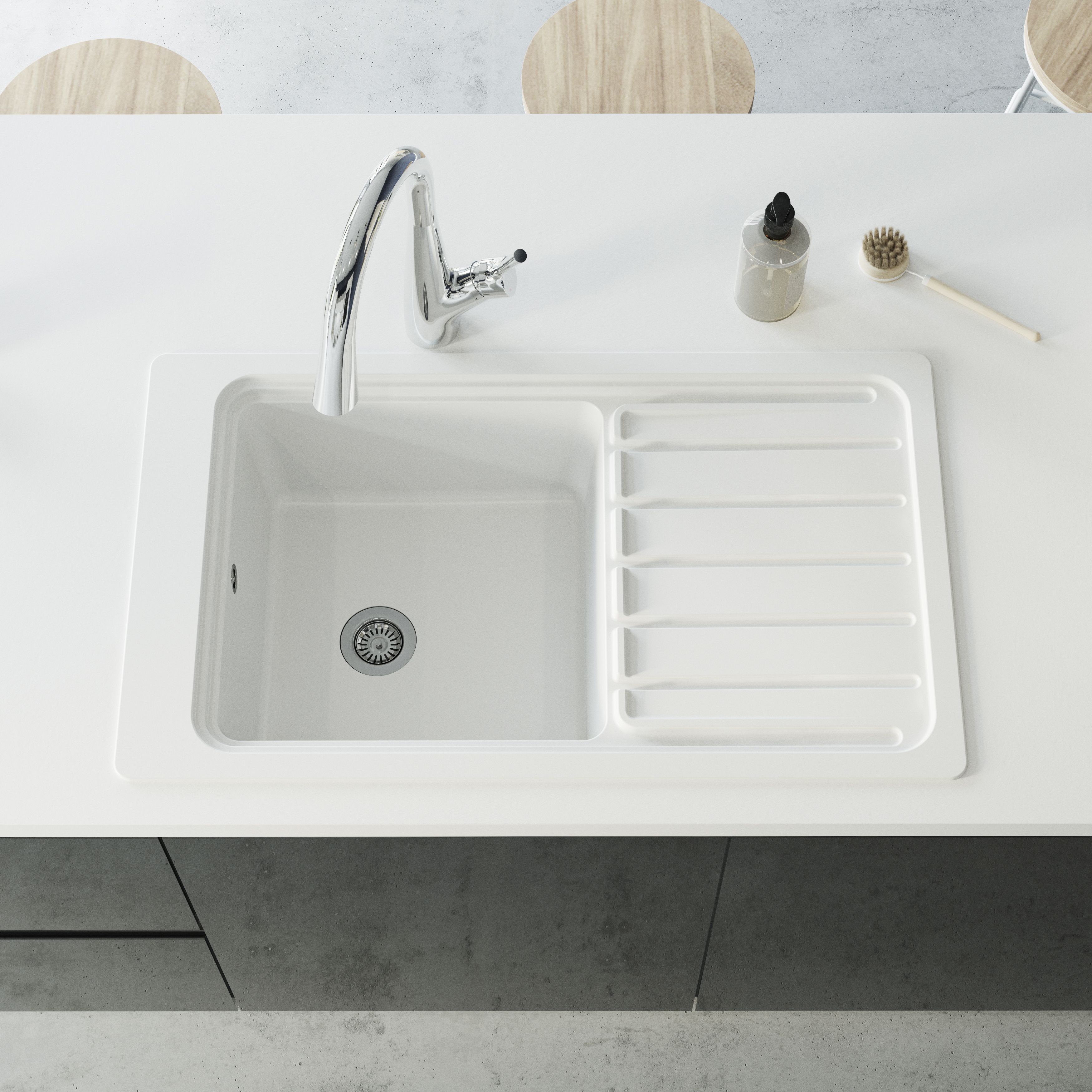 GoodHome Romesco White Granite 1 Bowl Sink & drainer 515mm x 883mm