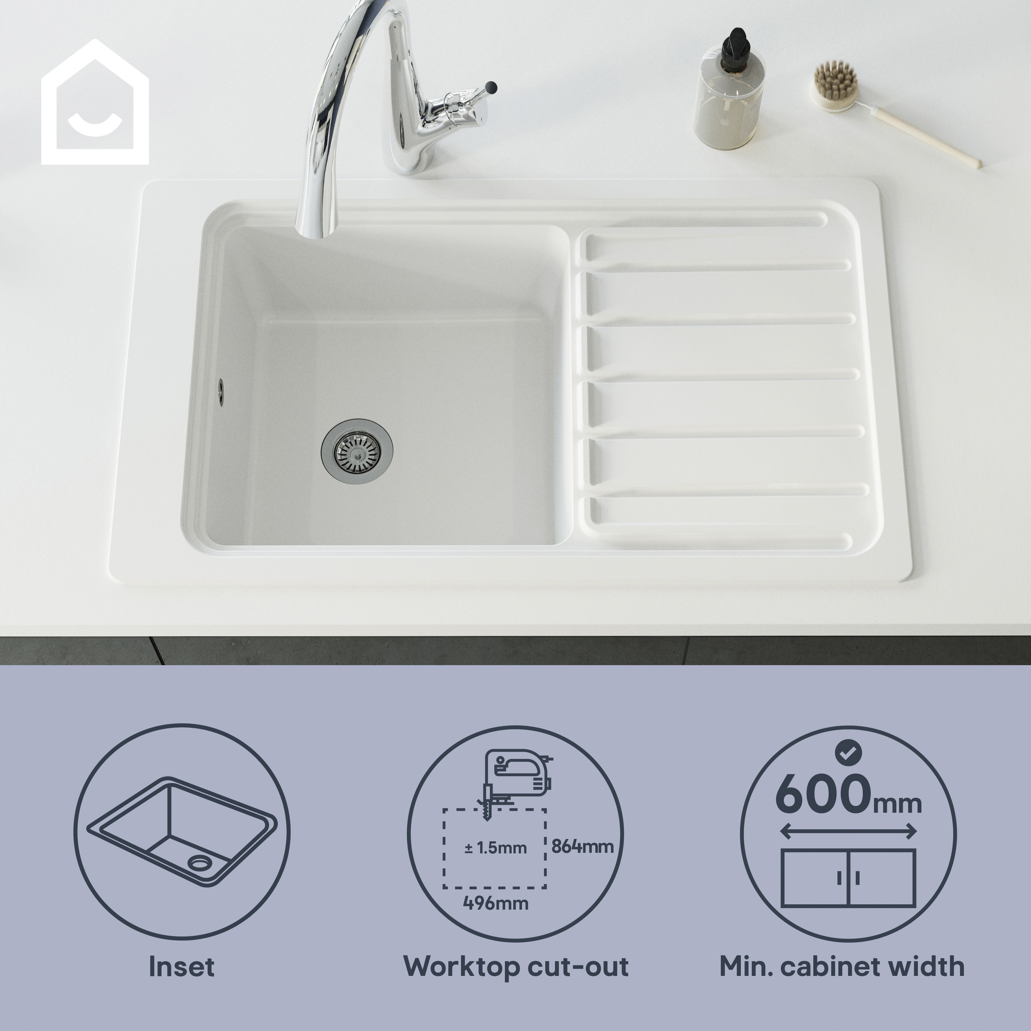 GoodHome Romesco White Granite 1 Bowl Sink & drainer 515mm x 883mm