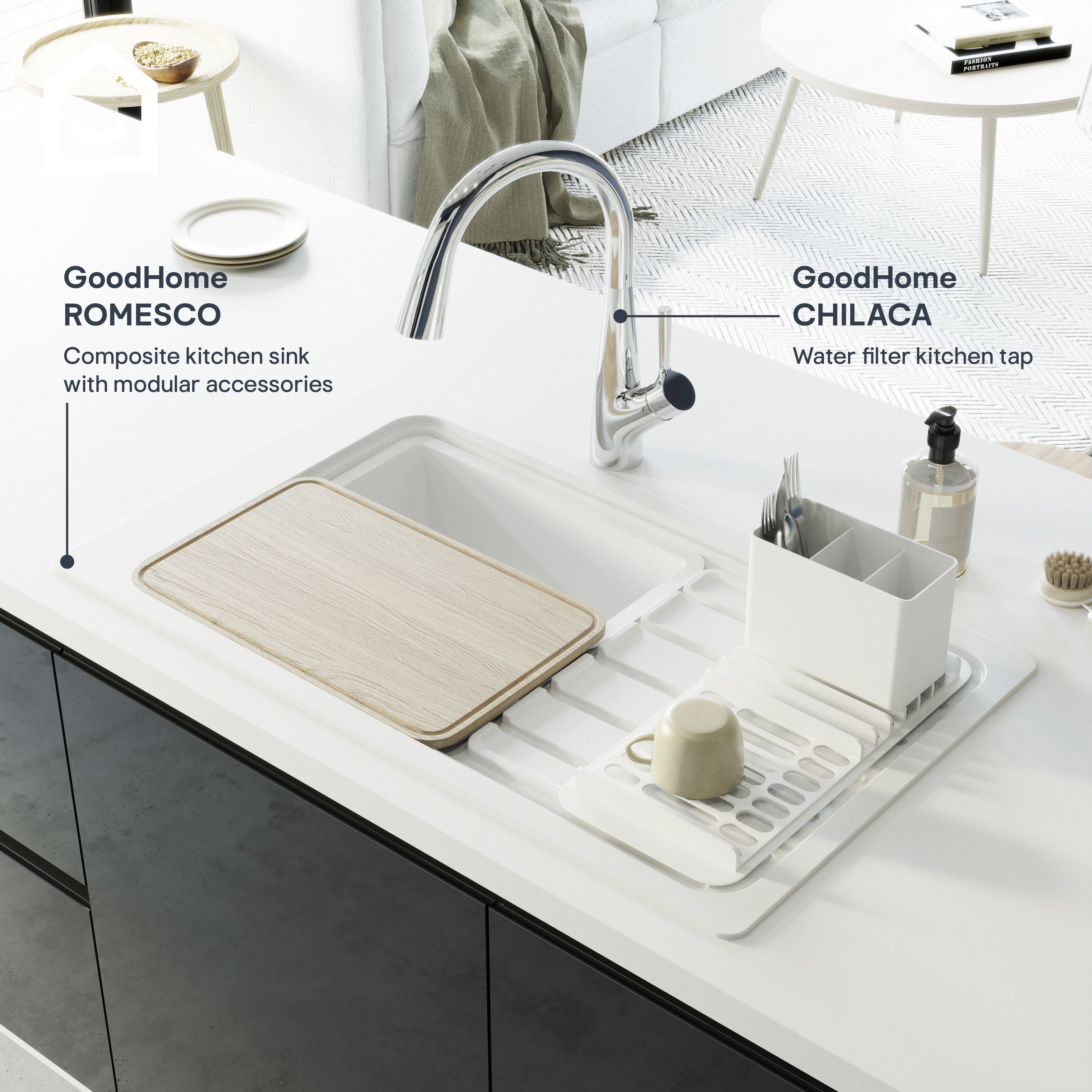 GoodHome Romesco White Granite 1 Bowl Sink & drainer 515mm x 883mm