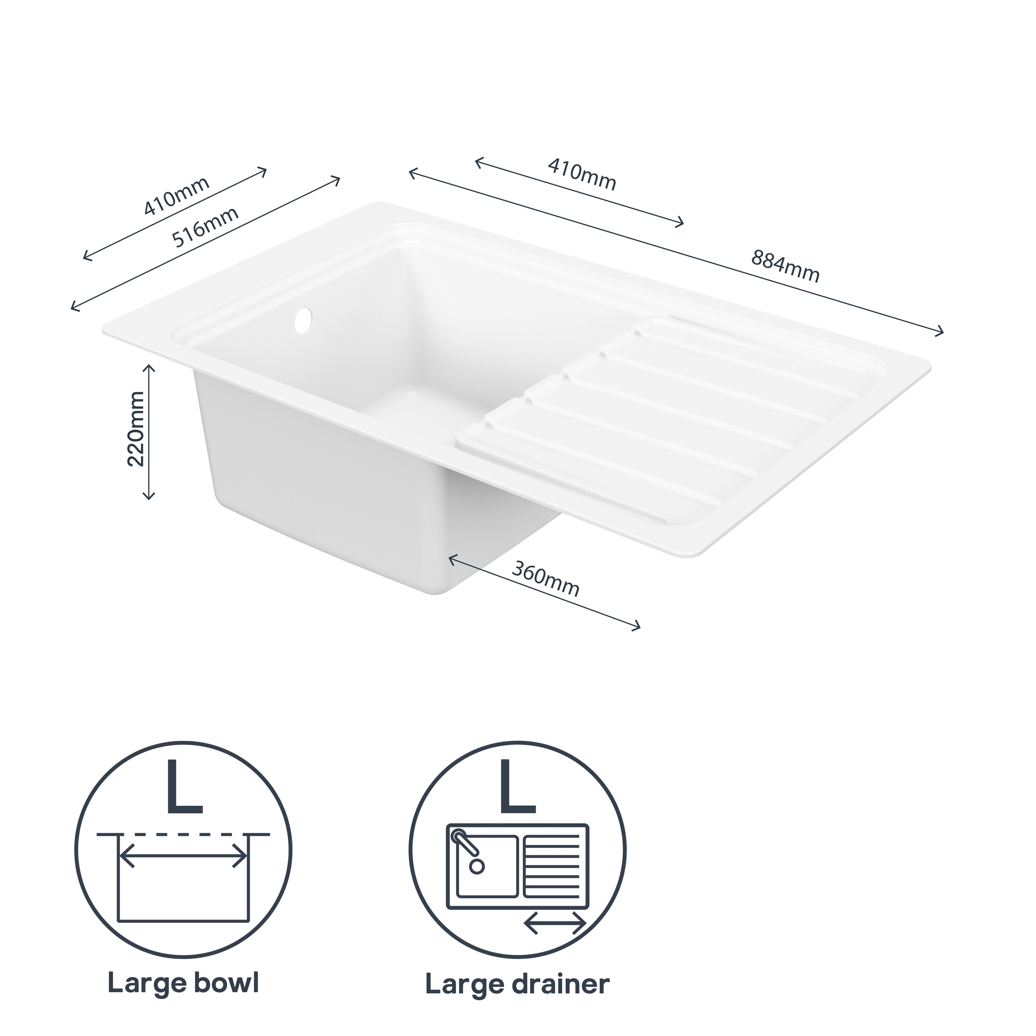 GoodHome Romesco White Granite 1 Bowl Sink & drainer 515mm x 883mm