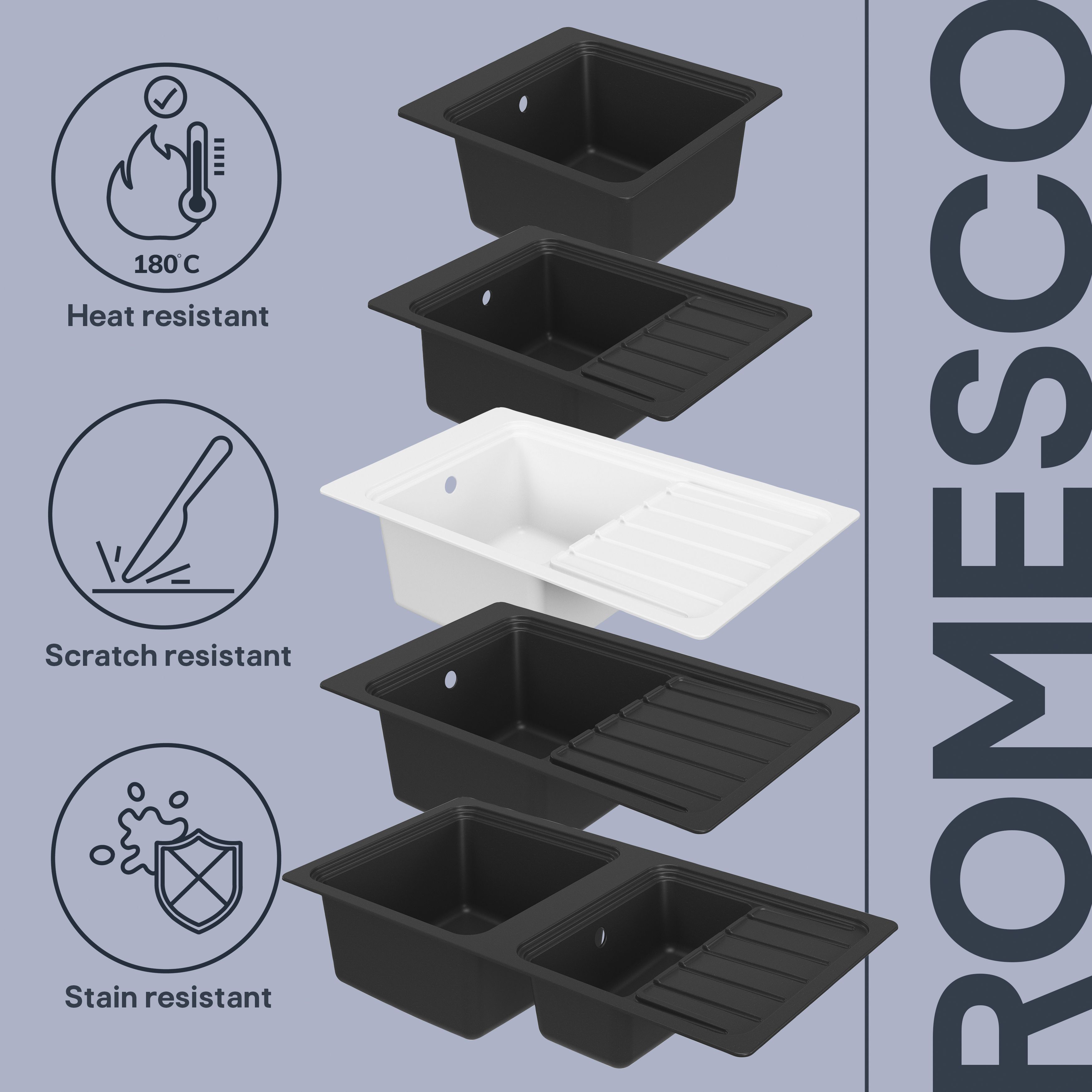 GoodHome Romesco White Granite 1 Bowl Sink & drainer 515mm x 883mm