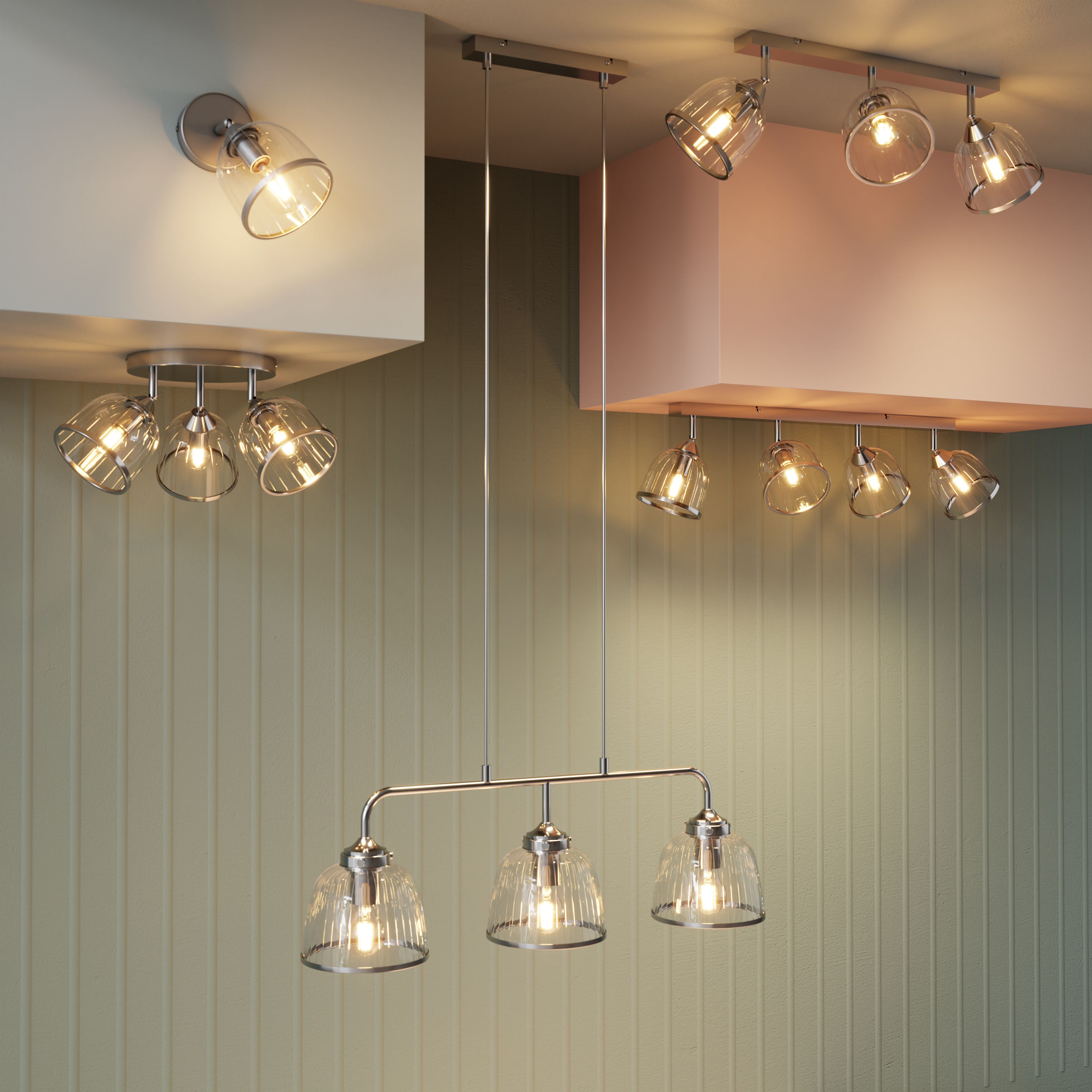 GoodHome Rothwell Bar Clear Chrome effect 3 Lamp LED Pendant ceiling light