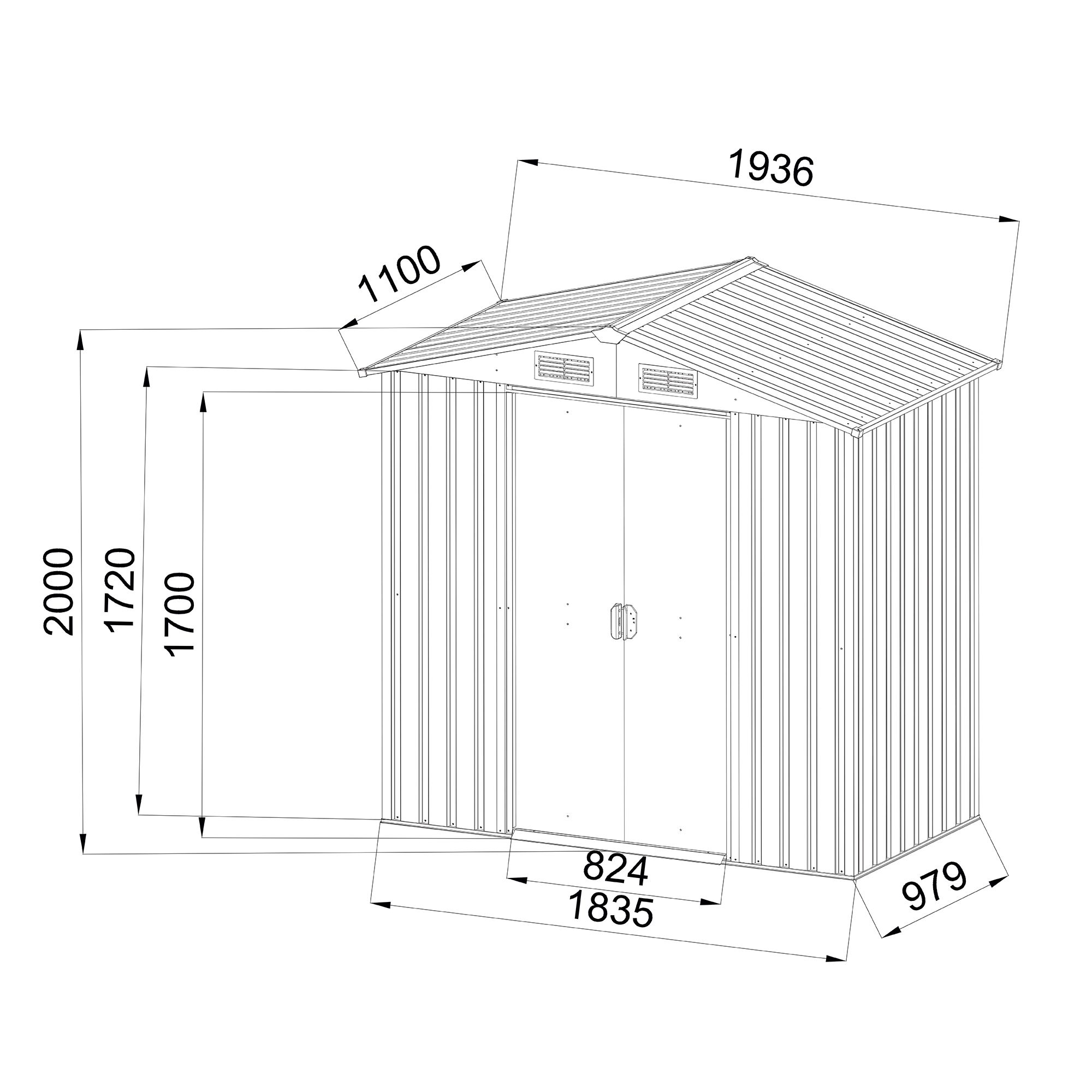 GoodHome Rough Surface 6x3 ft Apex Dark grey Metal 2 door Shed