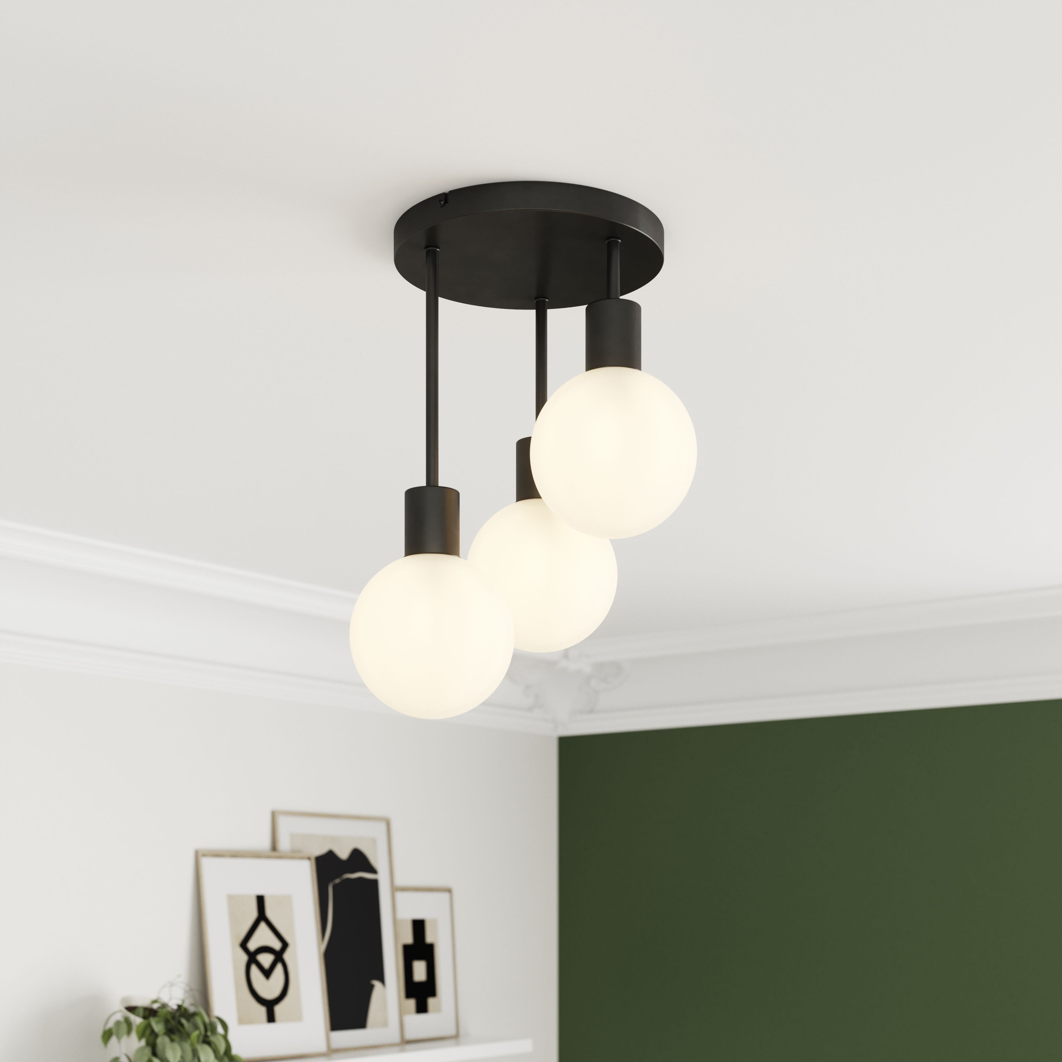 GoodHome Round Matt Glass & metal Black 3 Lamp LED Ceiling light