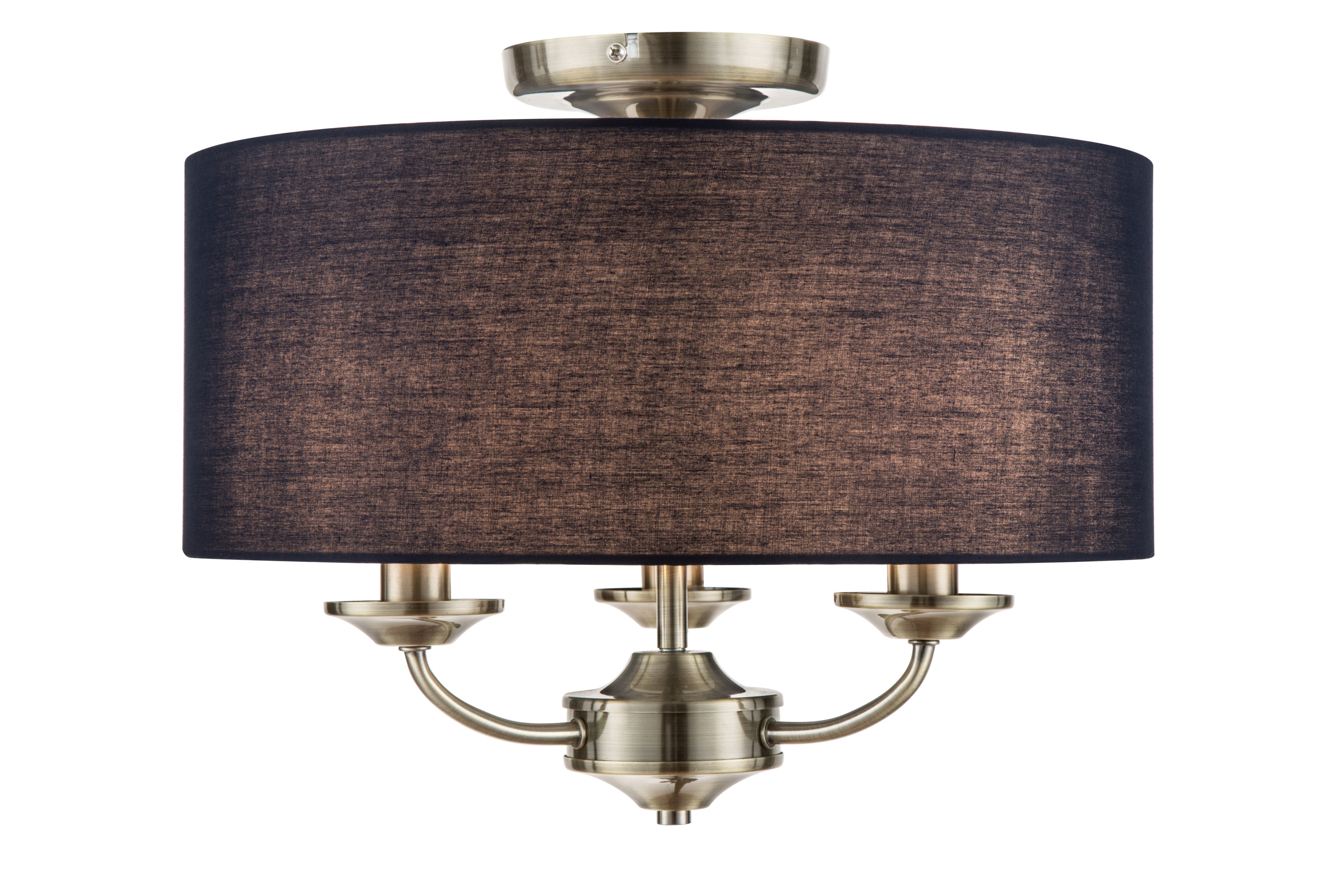 GoodHome Round Satin Fabric & metal Navy Antique brass effect 3 Lamp LED Ceiling light