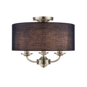 GoodHome Round Satin Fabric & metal Navy Antique brass effect 3 Lamp LED Ceiling light