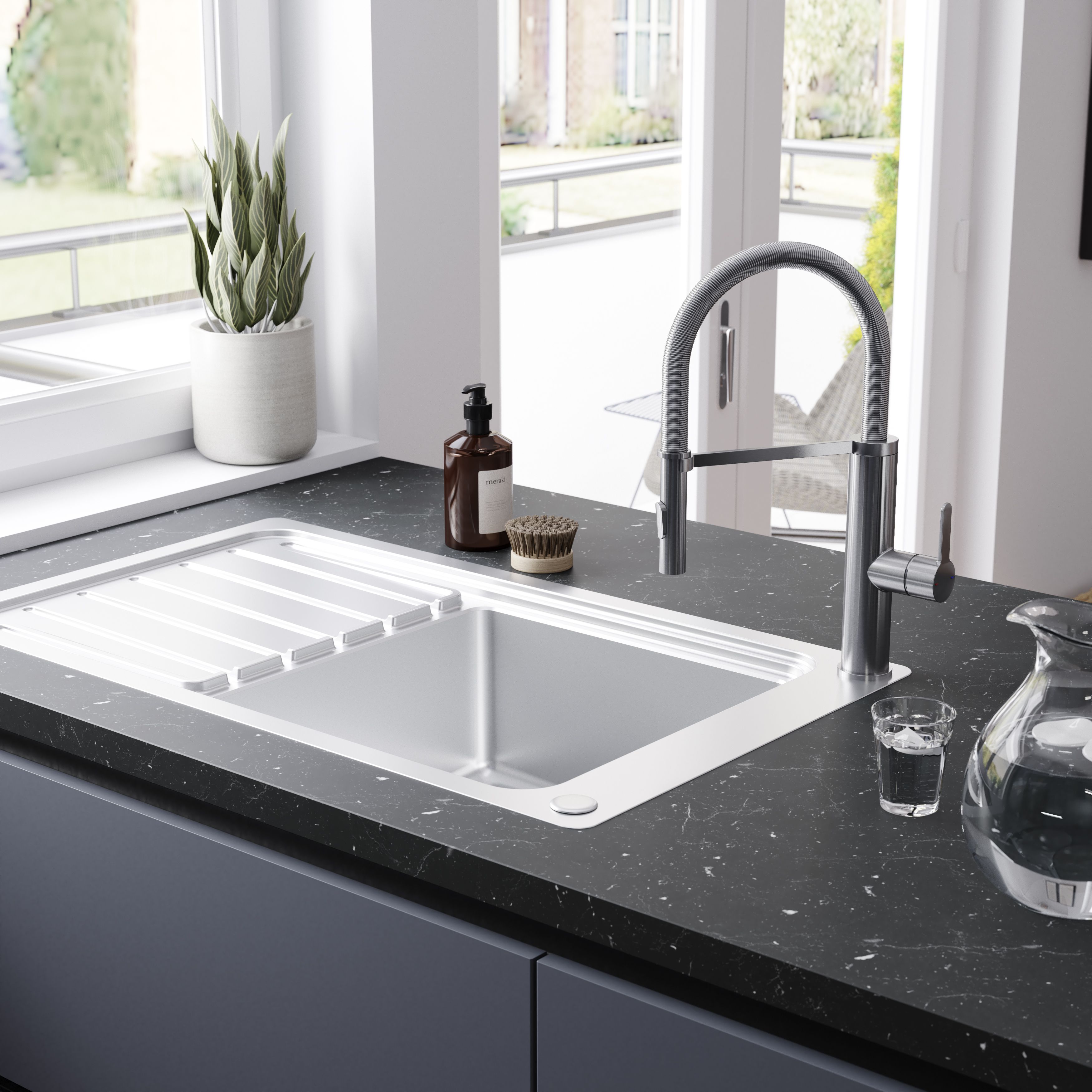 GoodHome Saffron Gloss Stainless steel effect Kitchen Spring neck Tap