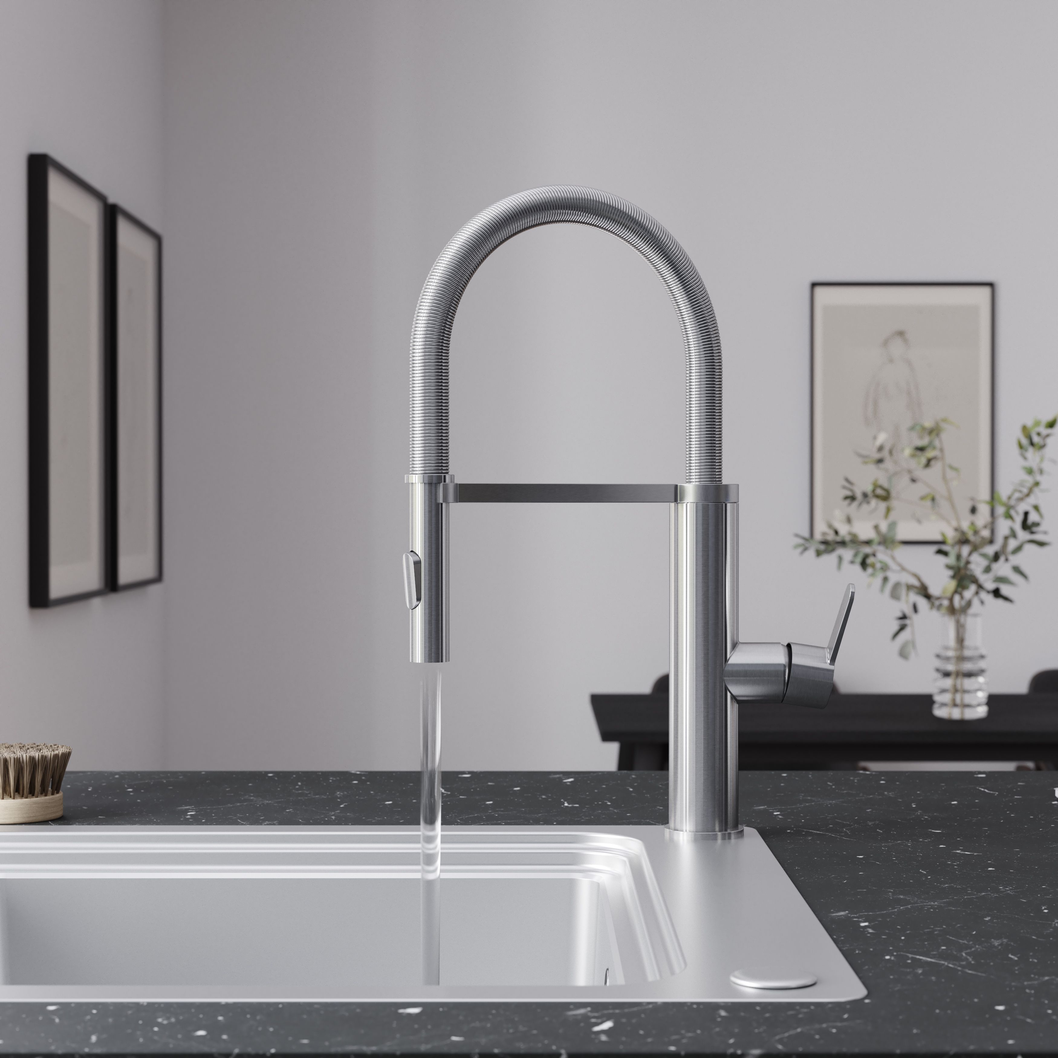 GoodHome Saffron Gloss Stainless steel effect Kitchen Spring neck Tap
