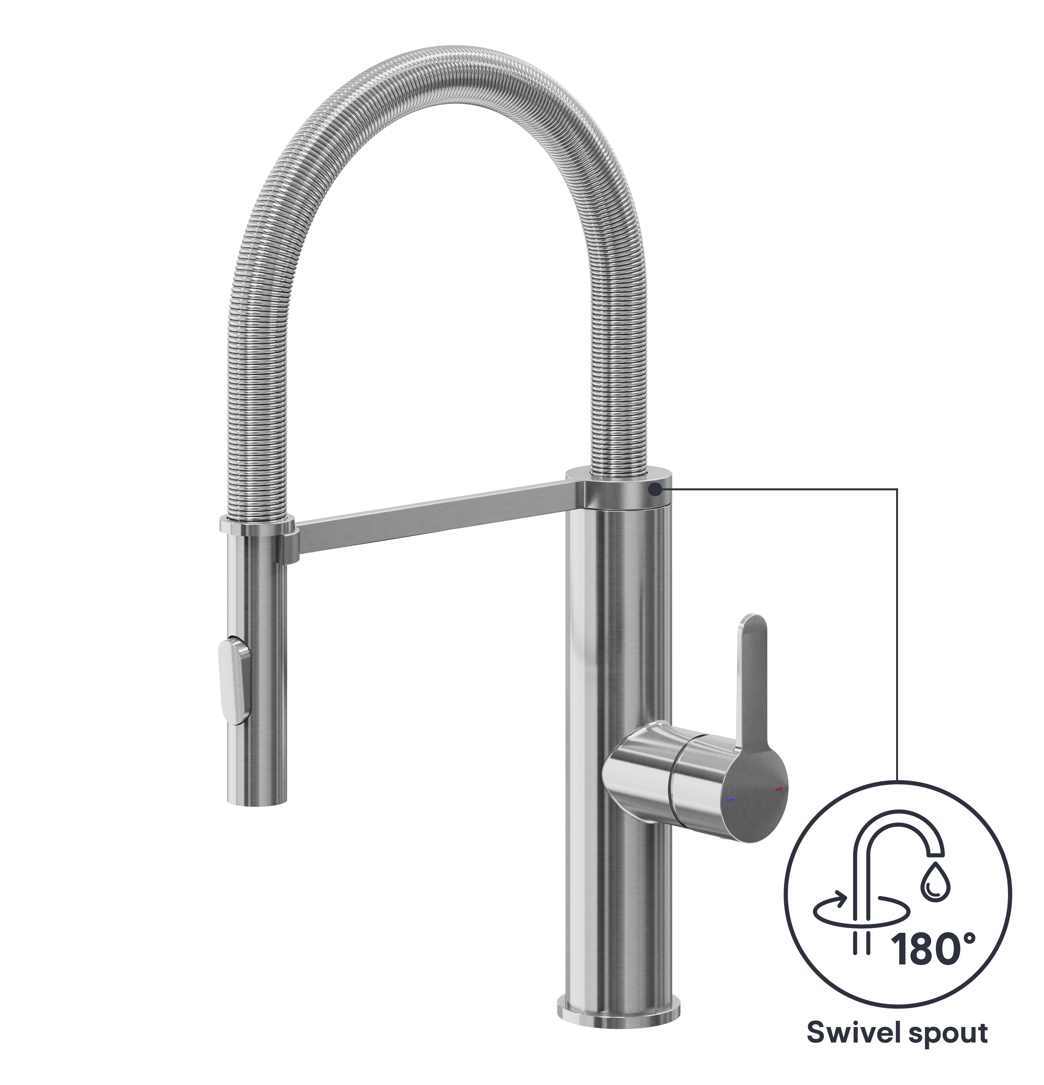 GoodHome Saffron Gloss Stainless steel effect Kitchen Spring neck Tap
