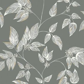 GoodHome Sapph Grey Leaf Textured Wallpaper