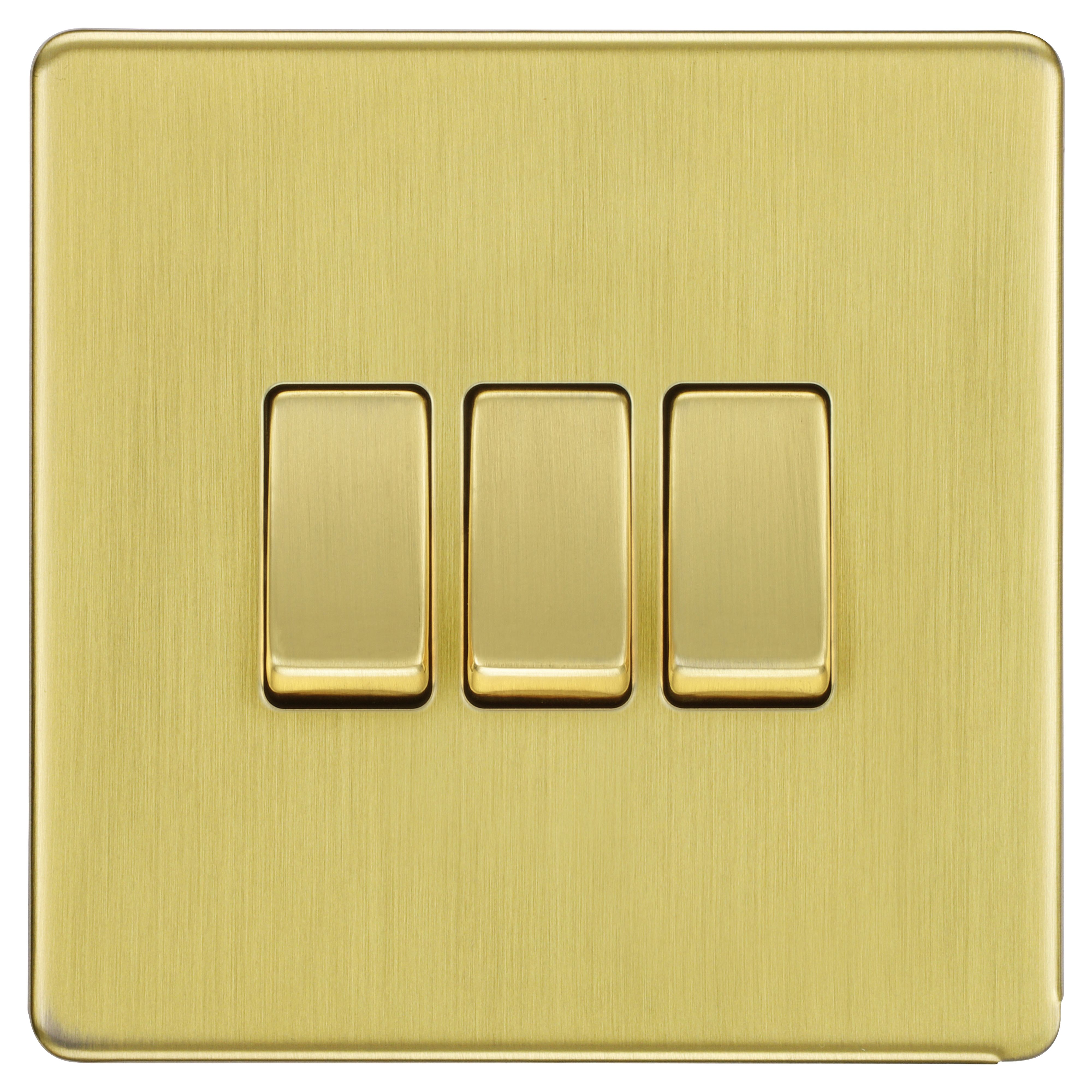GoodHome Satin Brass effect 20A 2 way, 3 gang Screwless Light switch ...