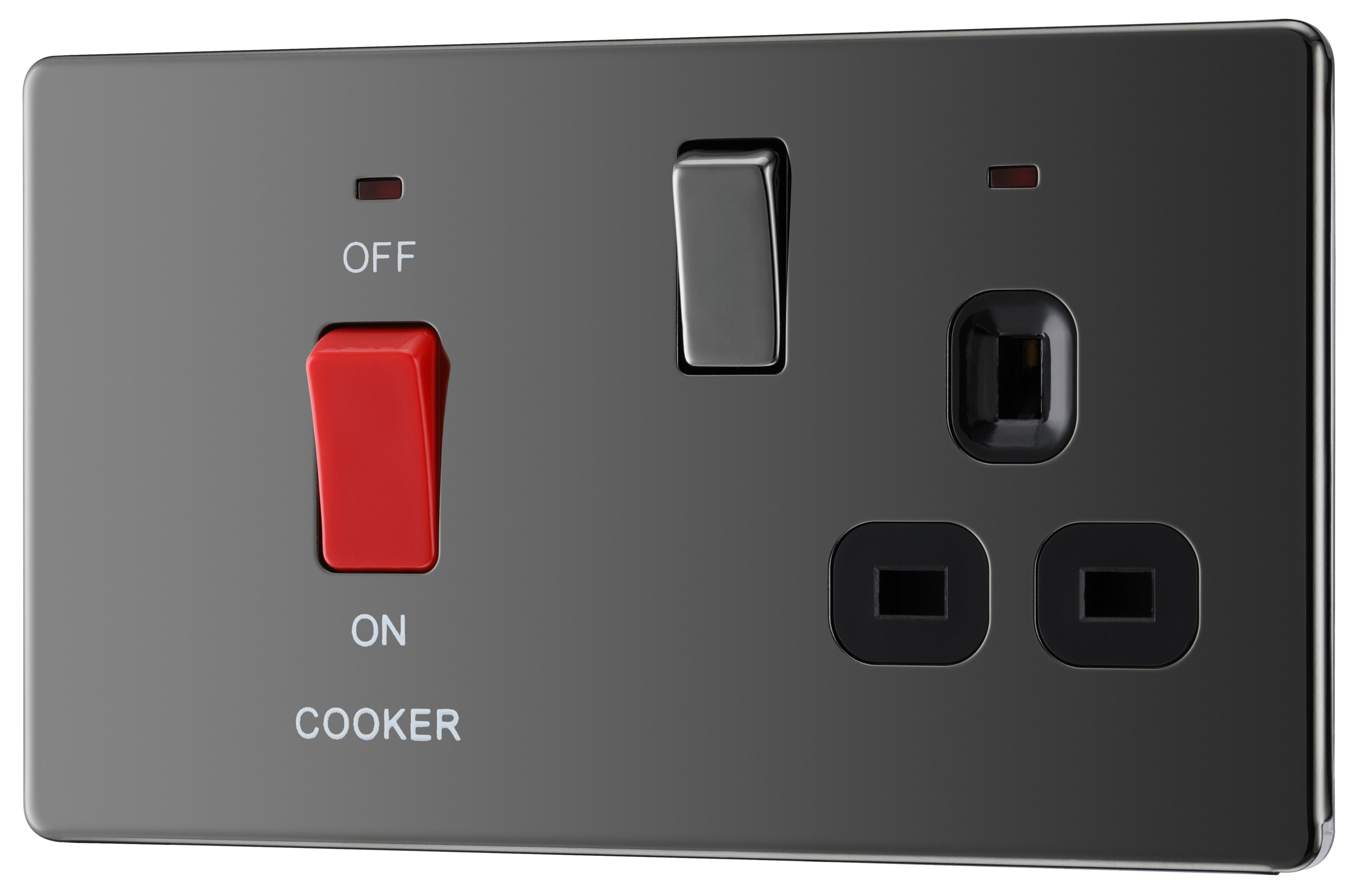 GoodHome Screwless Gloss Black Cooker switch & socket with neon