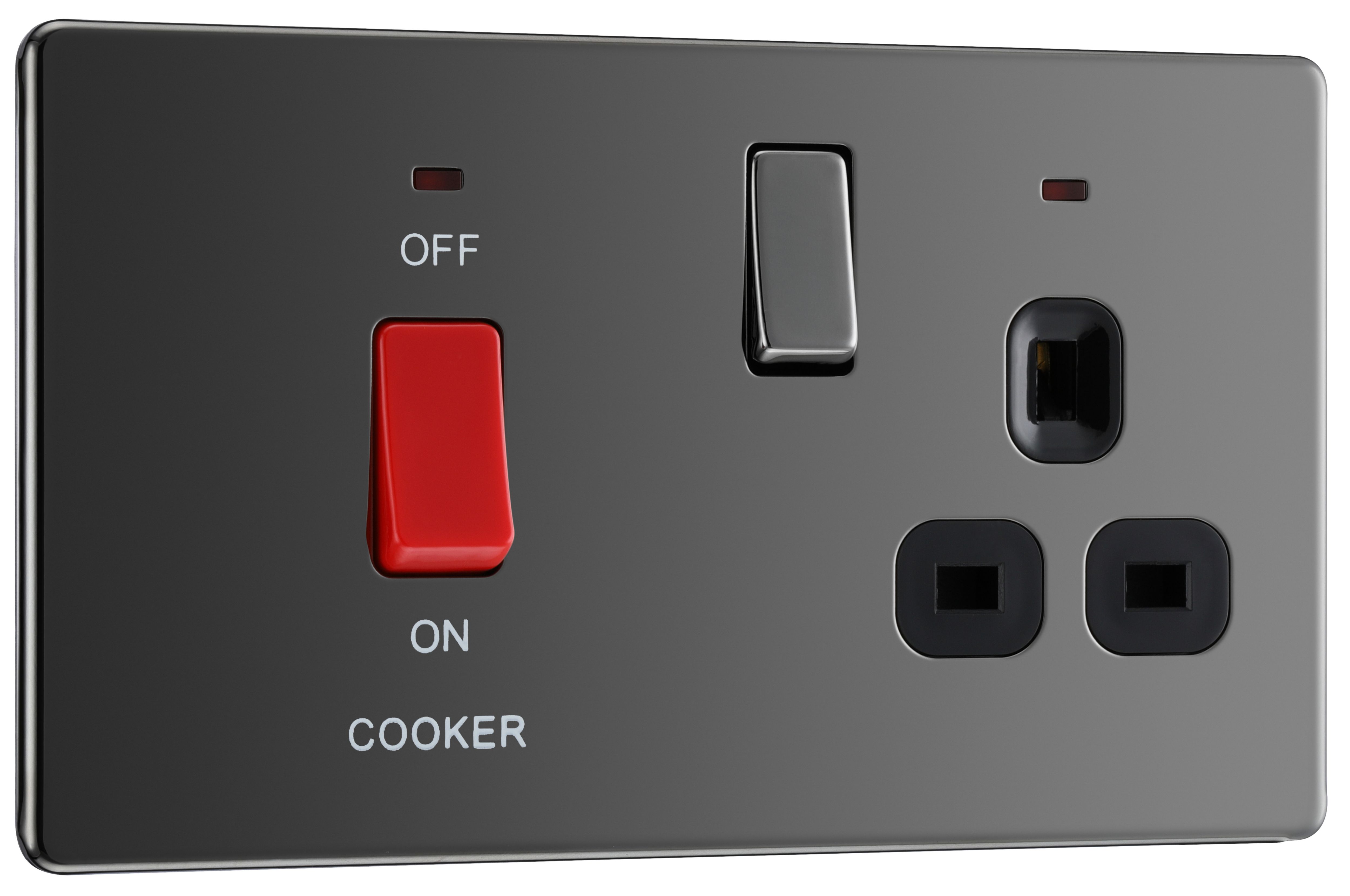 GoodHome Screwless Gloss Black Cooker switch & socket with neon