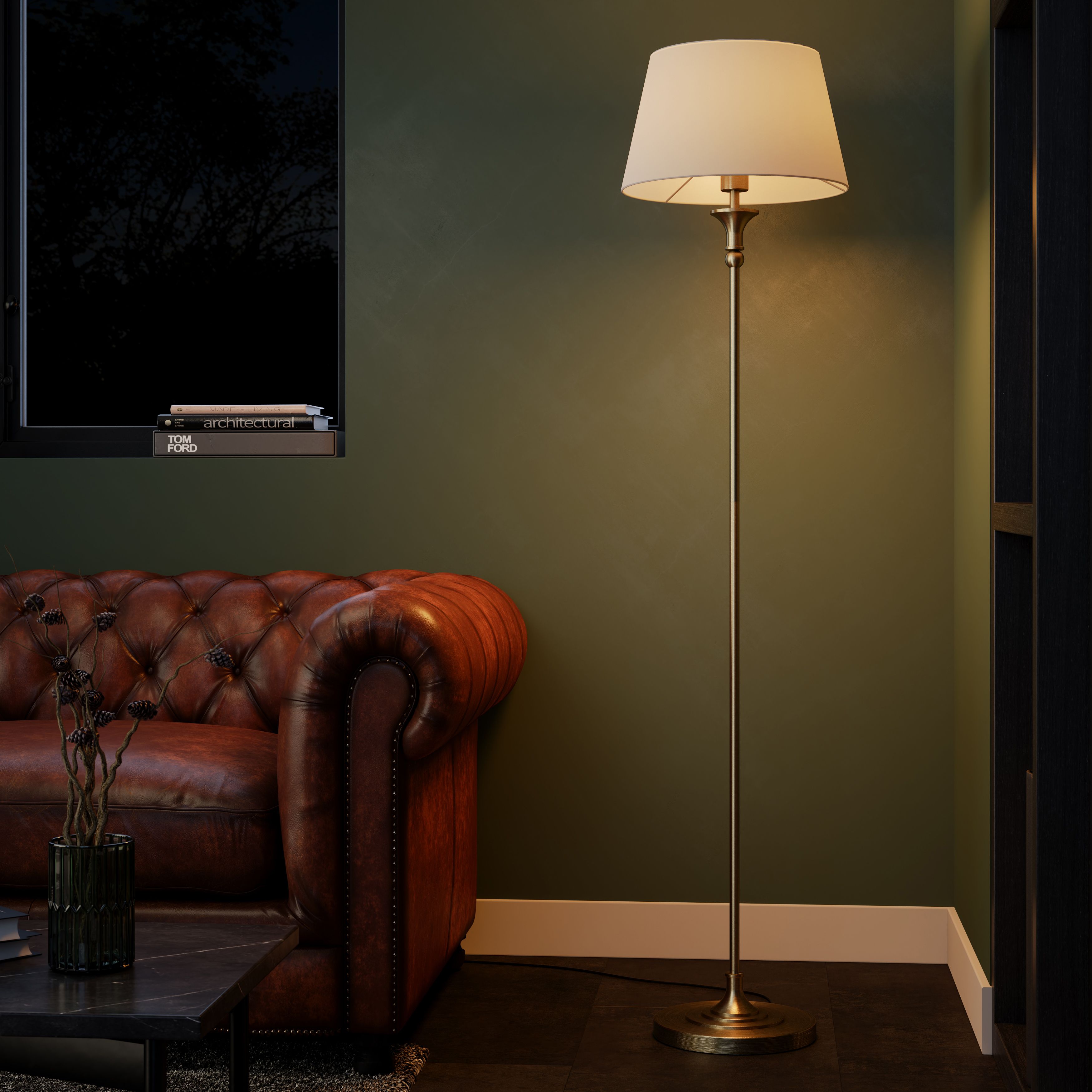 GoodHome Seekonk Satin Cream Antique brass effect LED Floor lamp