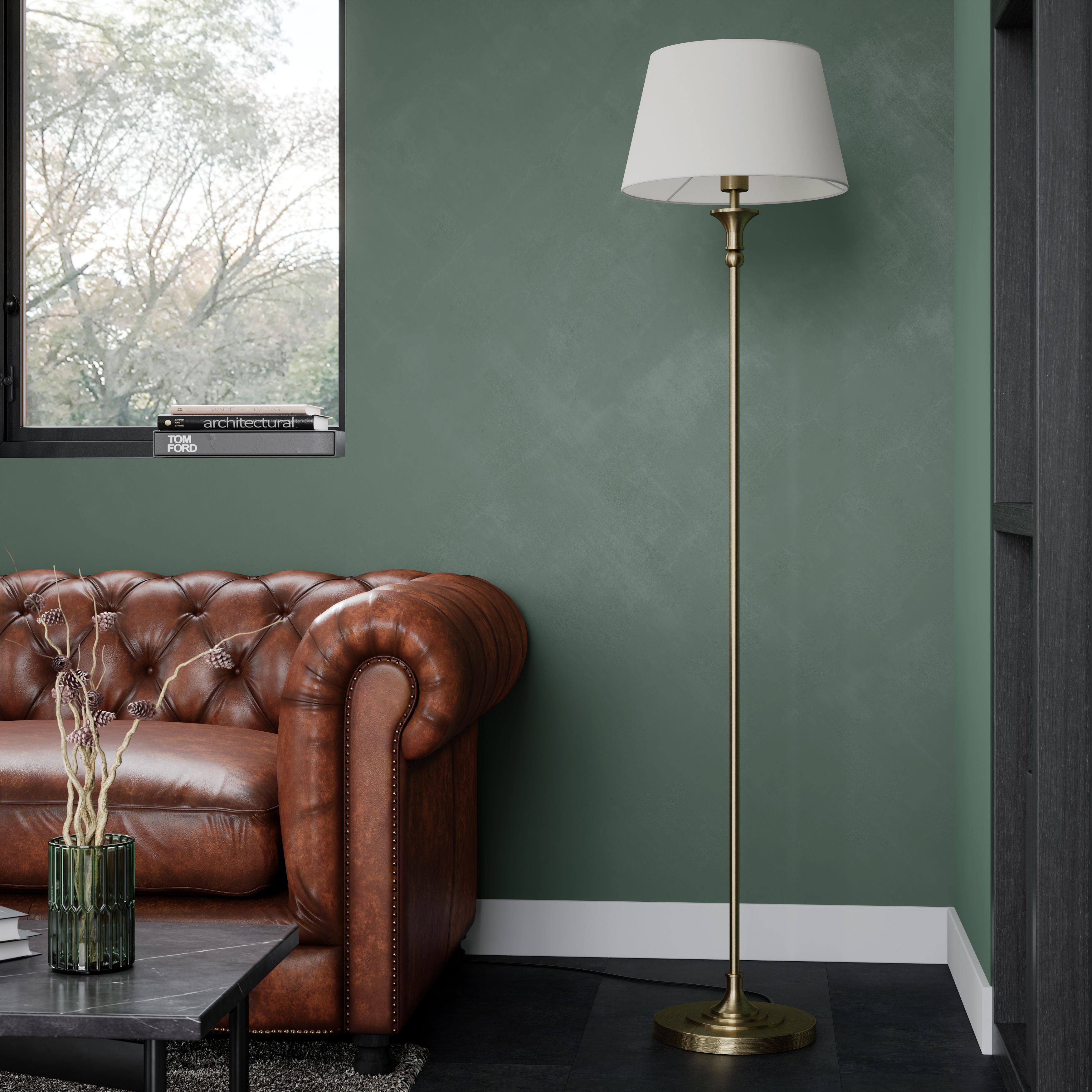 GoodHome Seekonk Satin Cream Antique brass effect LED Floor lamp