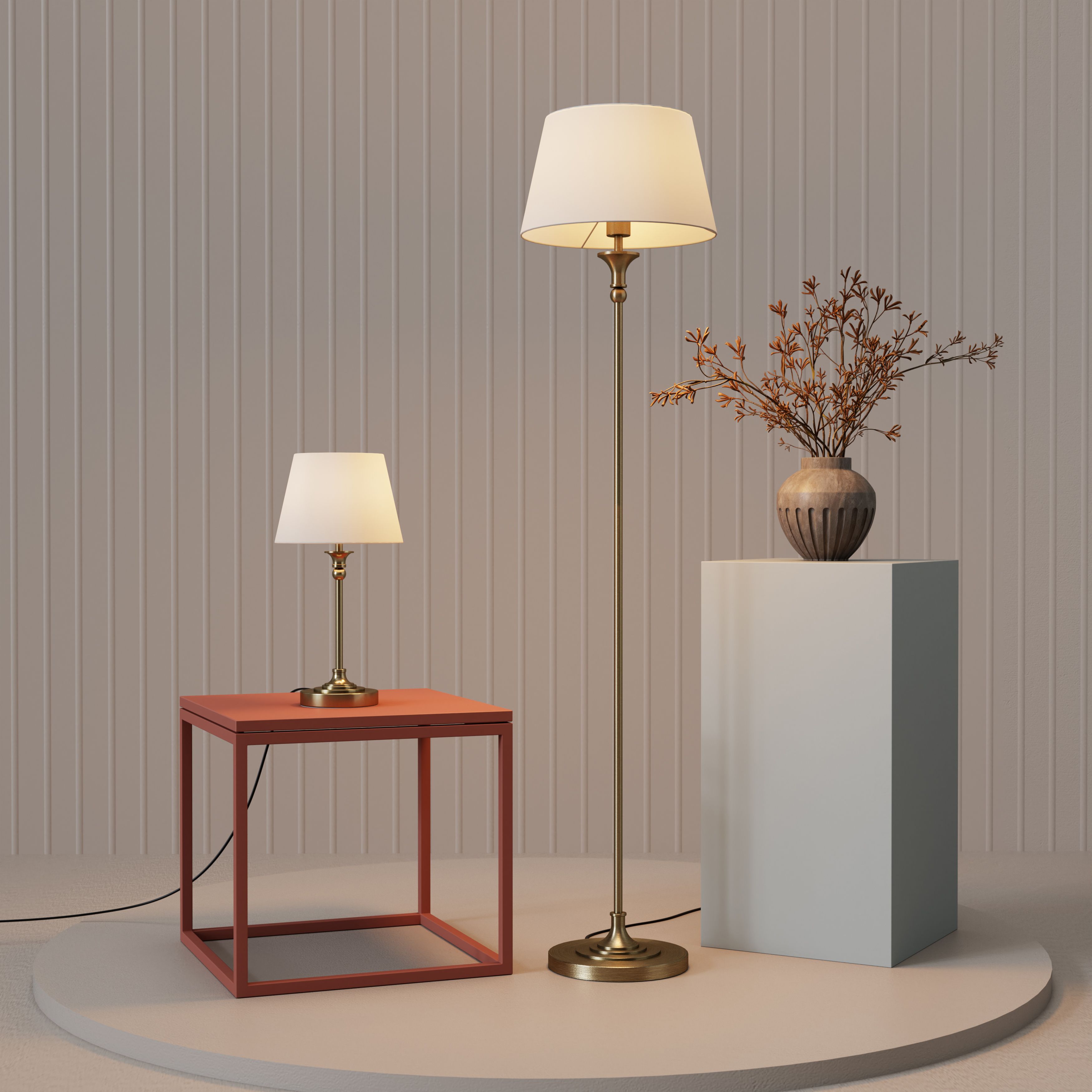 GoodHome Seekonk Satin Cream Antique brass effect LED Floor lamp