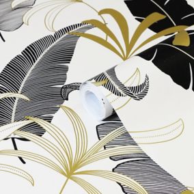 GoodHome Selago Black & white Gold effect Leaf Smooth Wallpaper Sample
